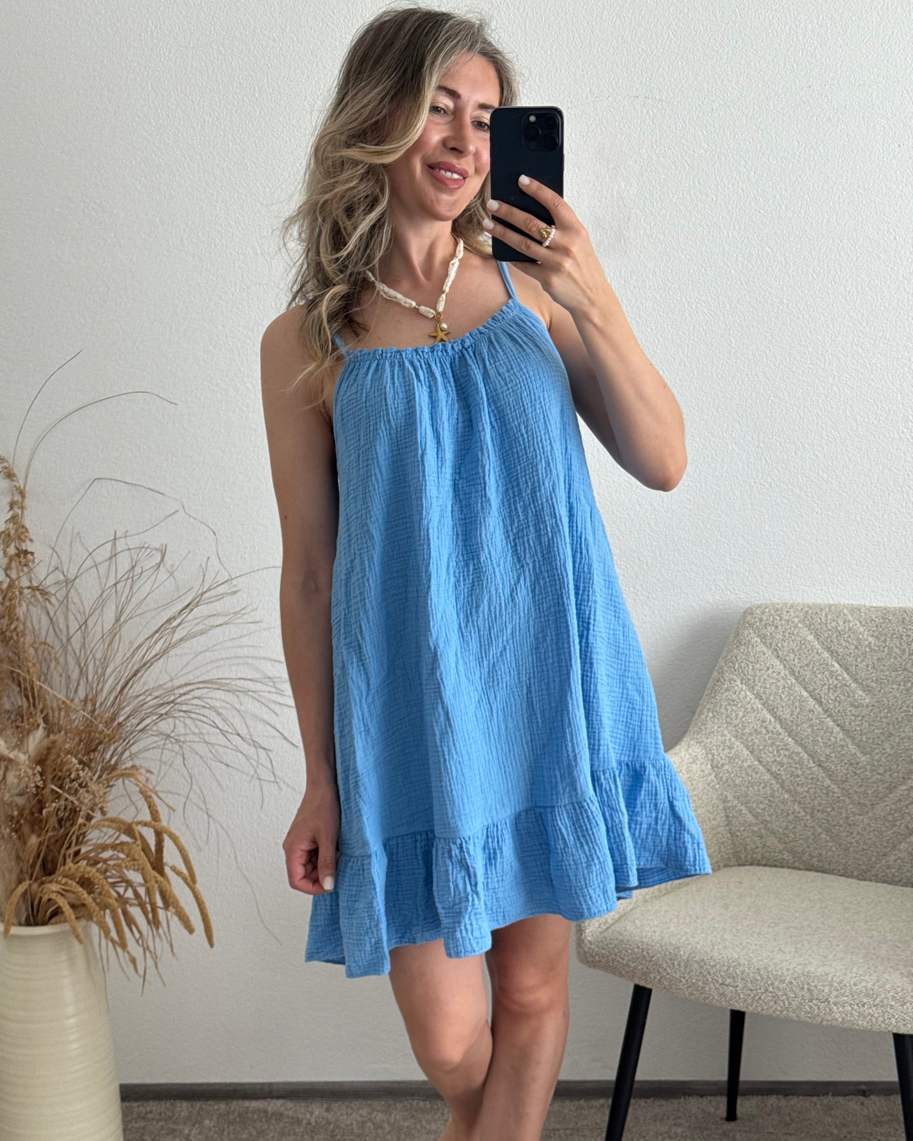Musselinkleid mit Volantsaum Kelly Himmelblau