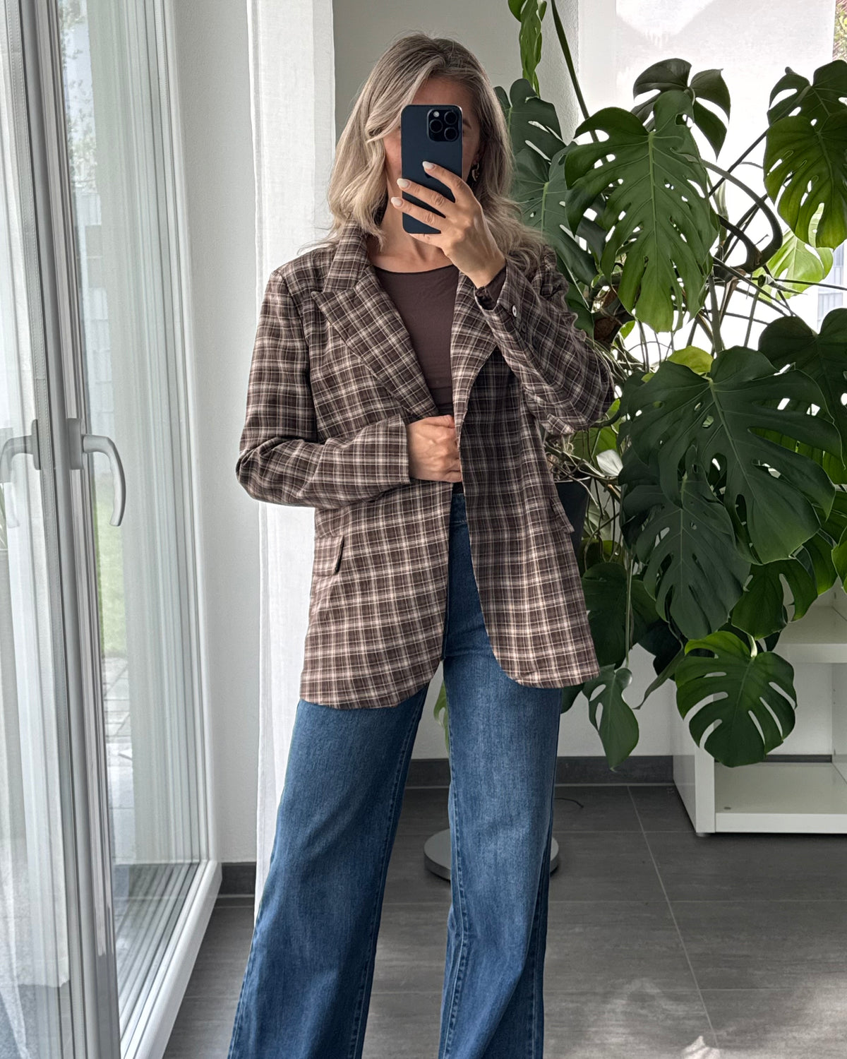 High Neck Blazer kariert braun