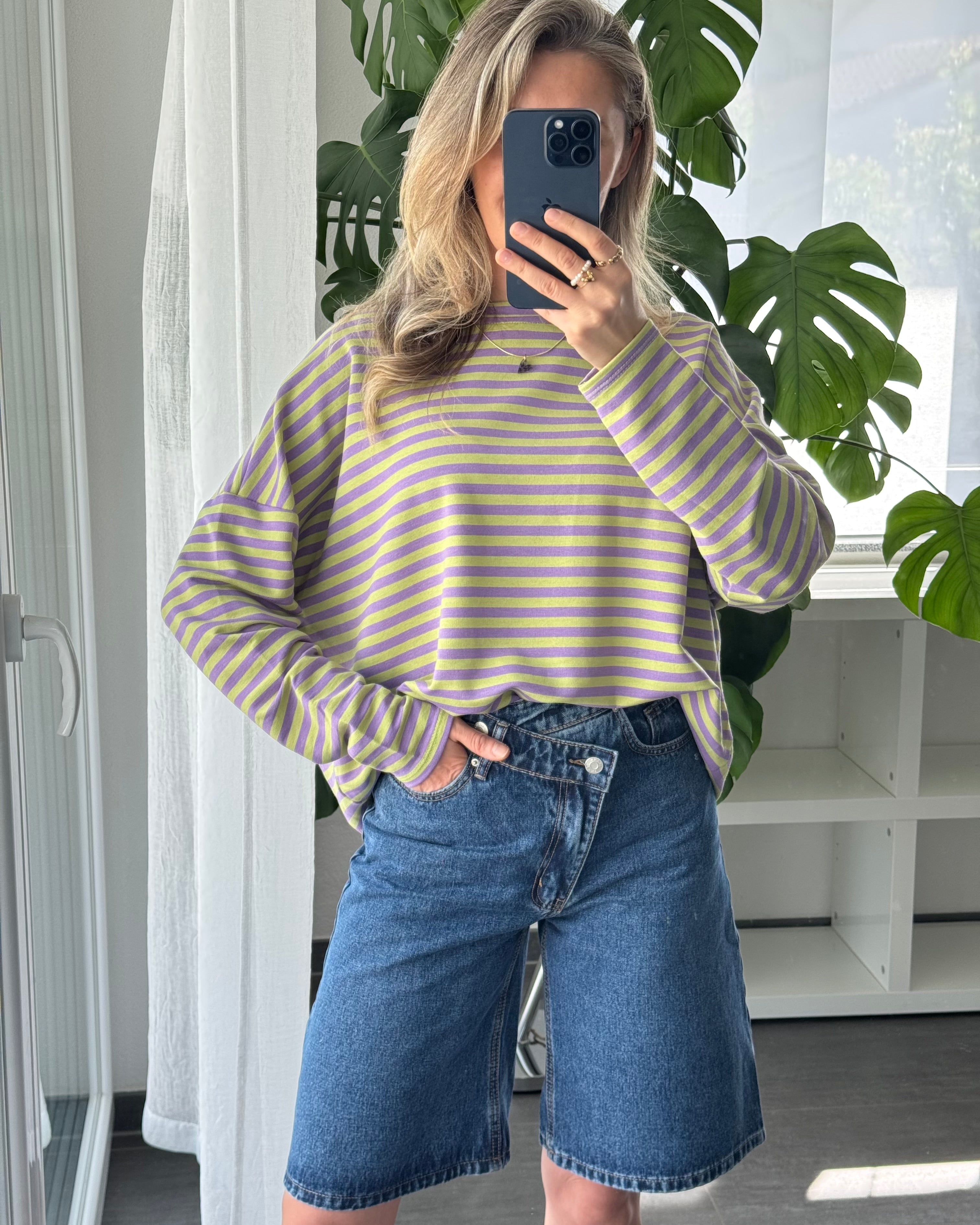 Shirt Streifenliebe langarm Lila Grün