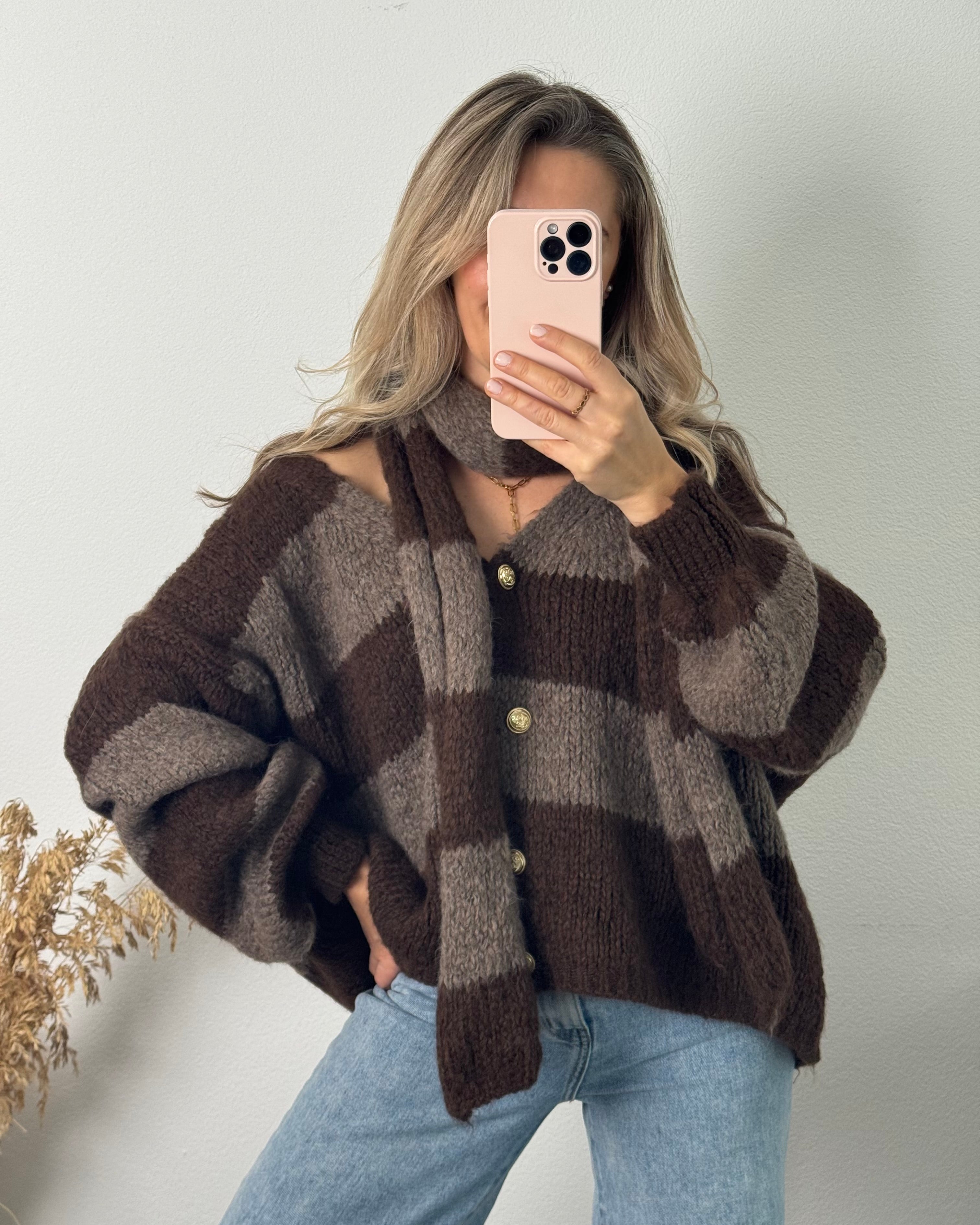 Kuscheliger Cardigan mit Schal Braun / Taupe