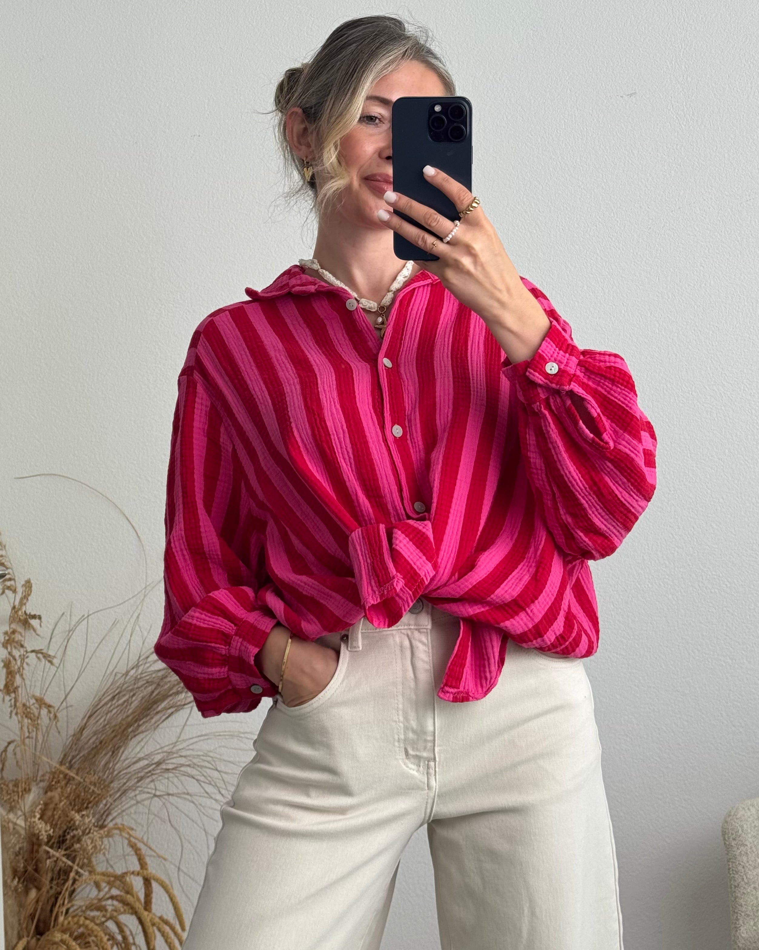 Musselinbluse Bold Stripes rot pink