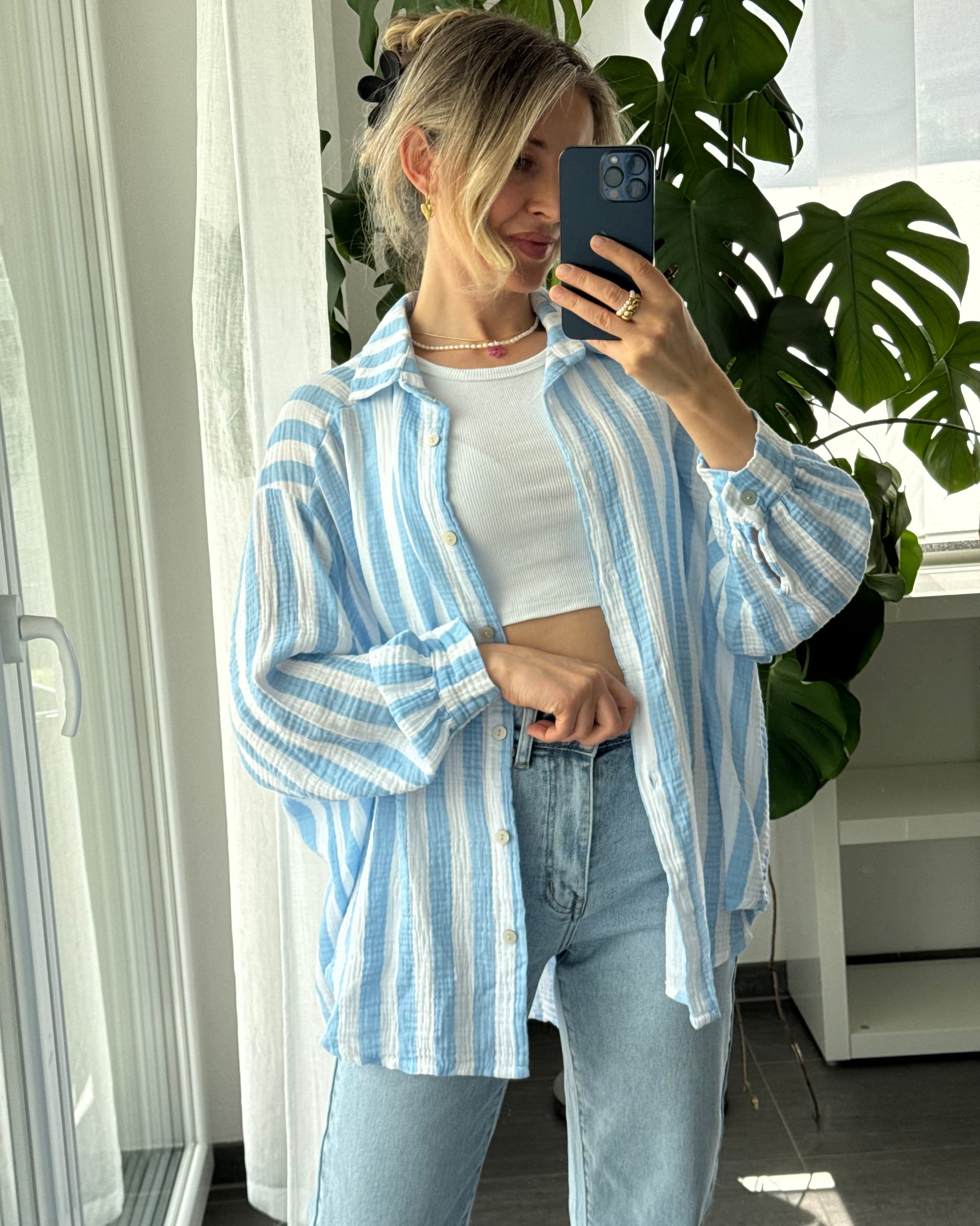 Musselinbluse Bold Stripes Hellblau