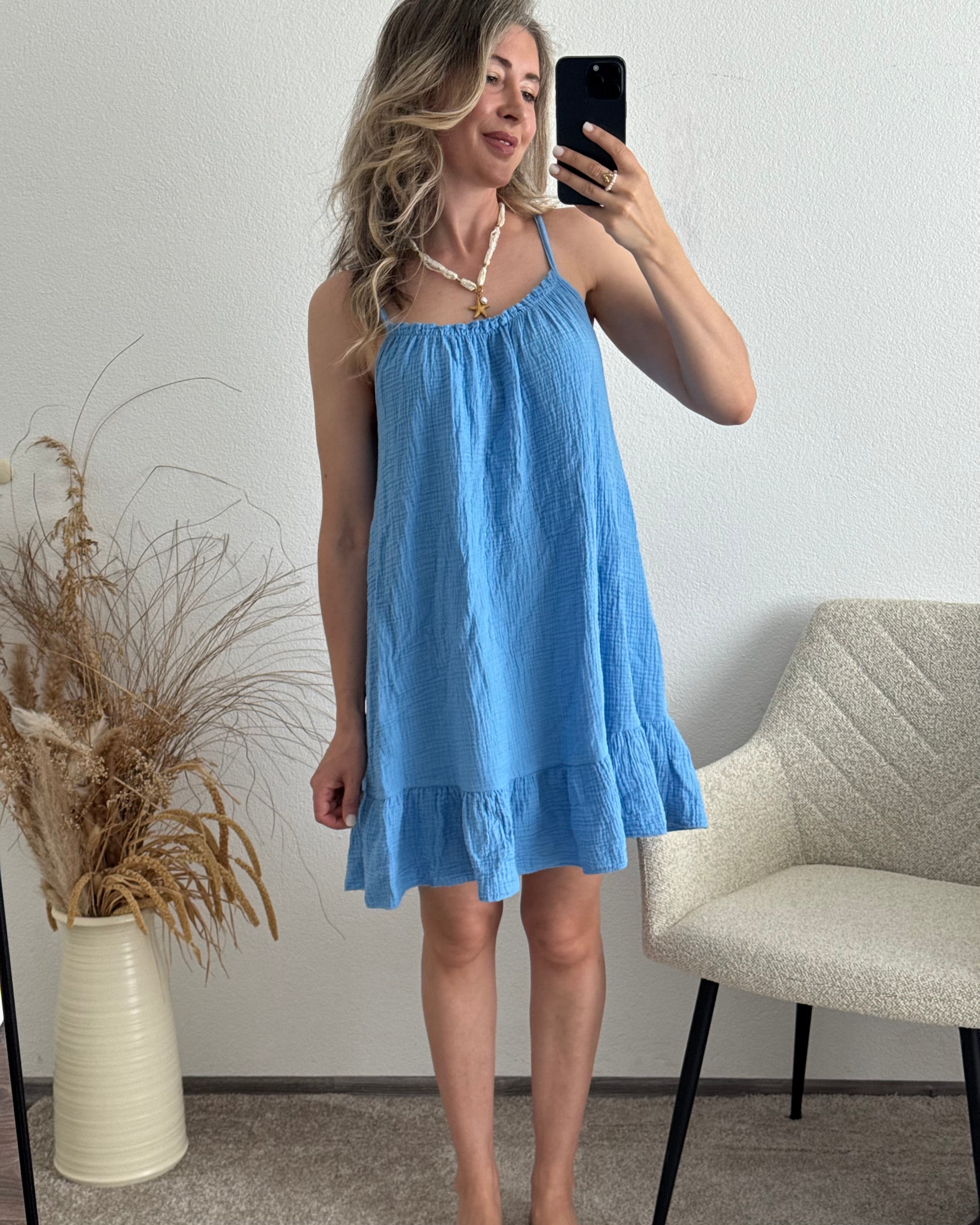 Musselinkleid mit Volantsaum Kelly Himmelblau