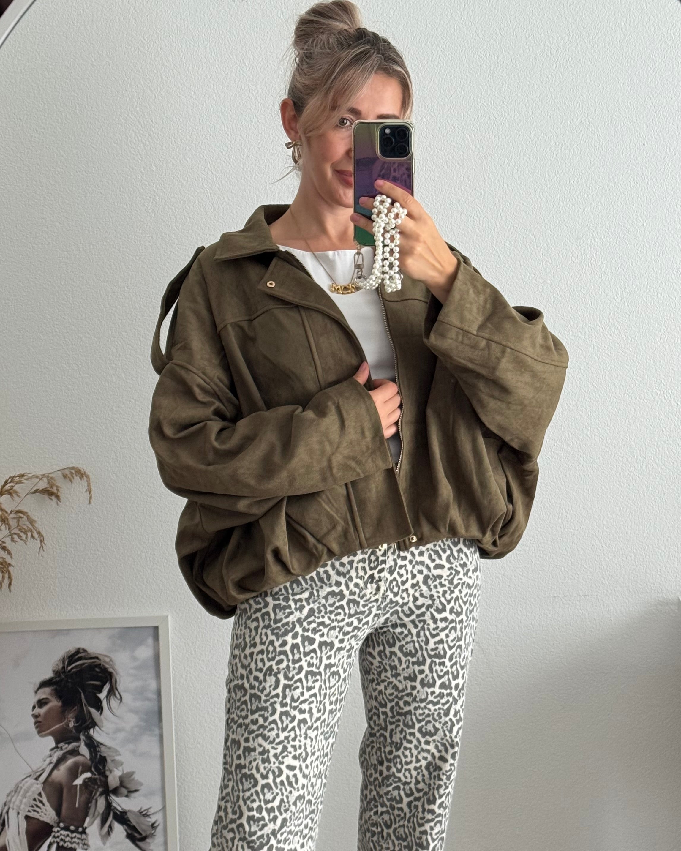 Luxe Suede Bomber Jacket Khaki