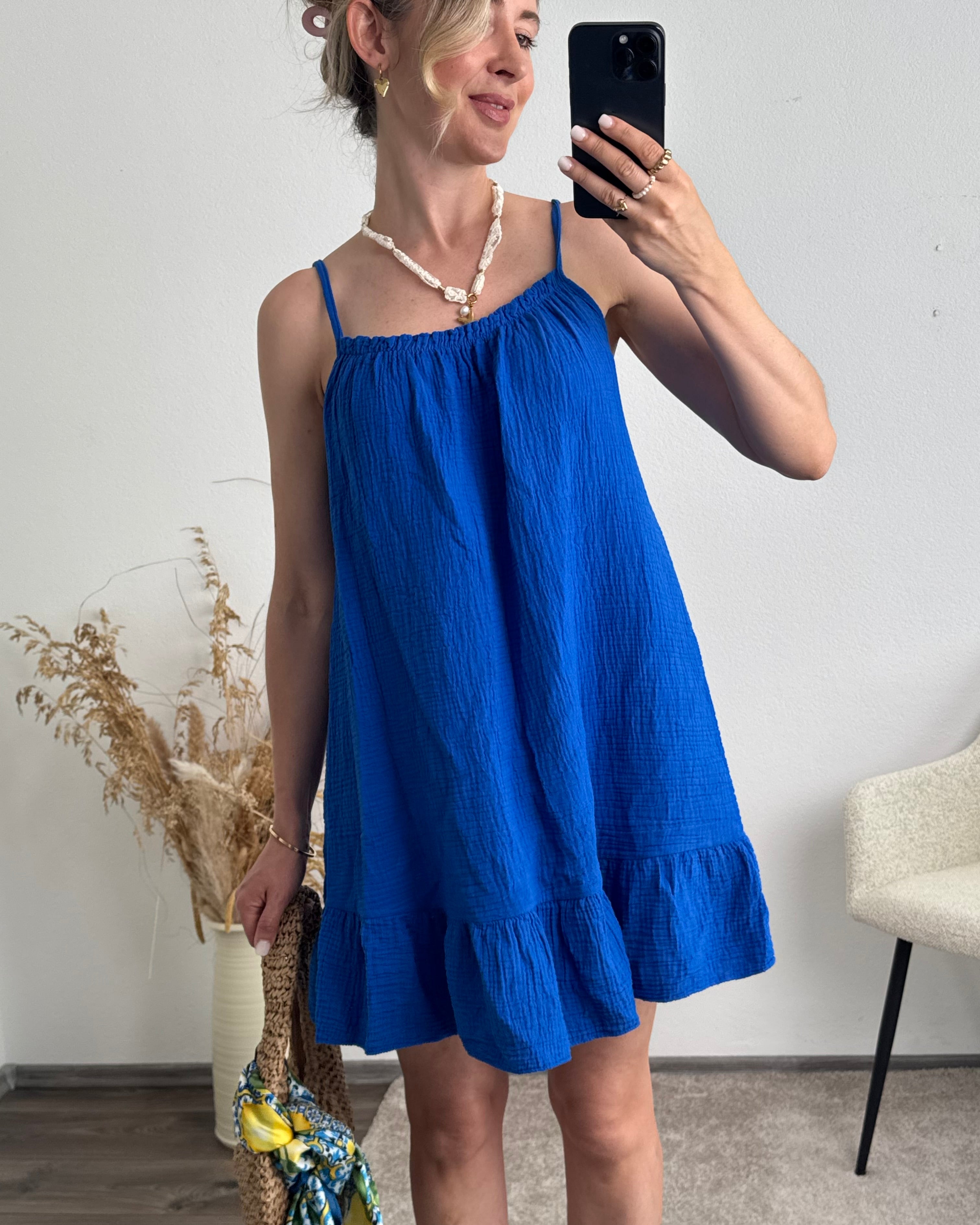 Musselinkleid mit Volantsaum Kelly royalblau