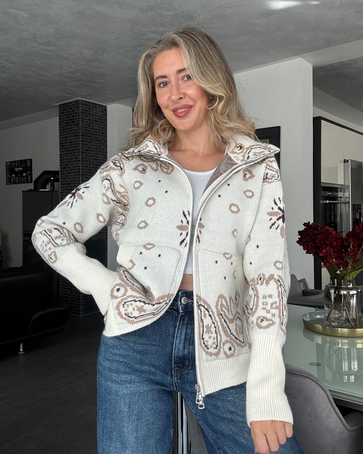 Zip Cardigan Paisley Beige