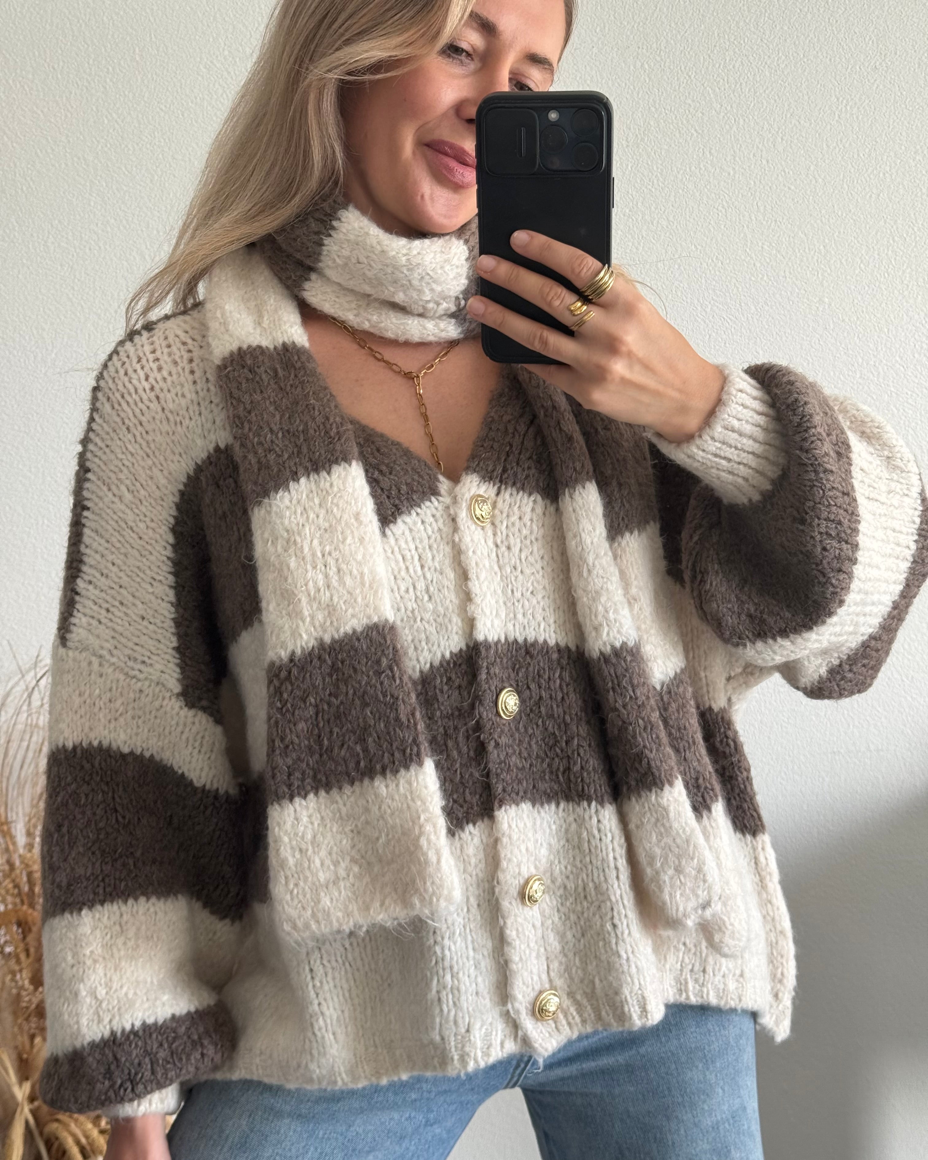 Kuscheliger Cardigan mit Schal Creme / Taupe