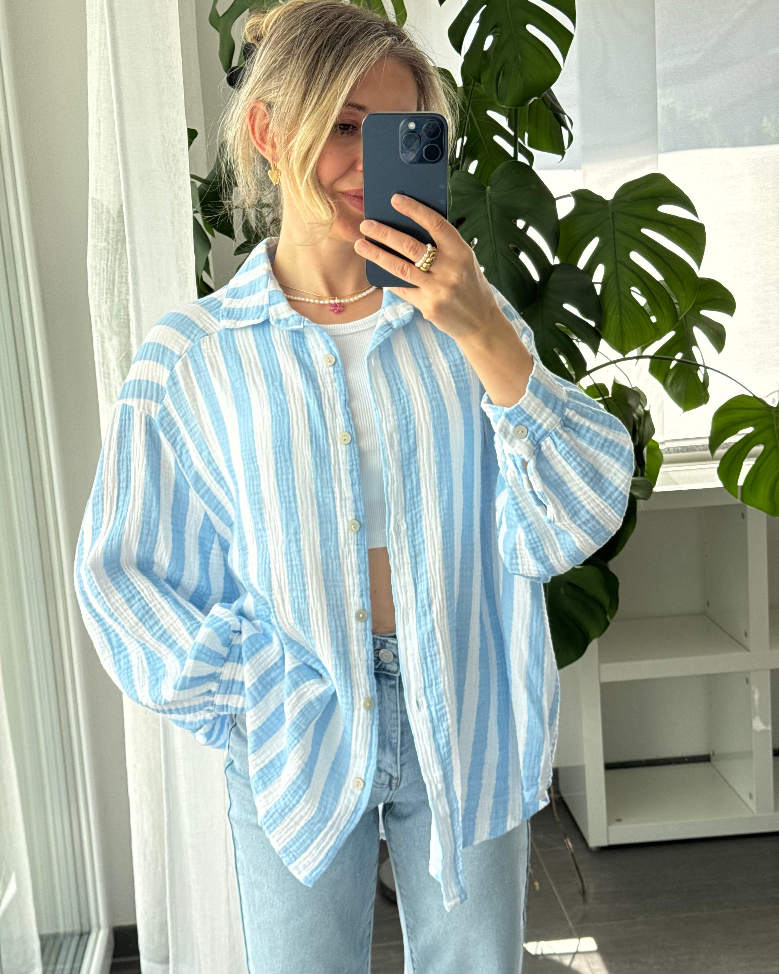 Musselinbluse Bold Stripes Hellblau