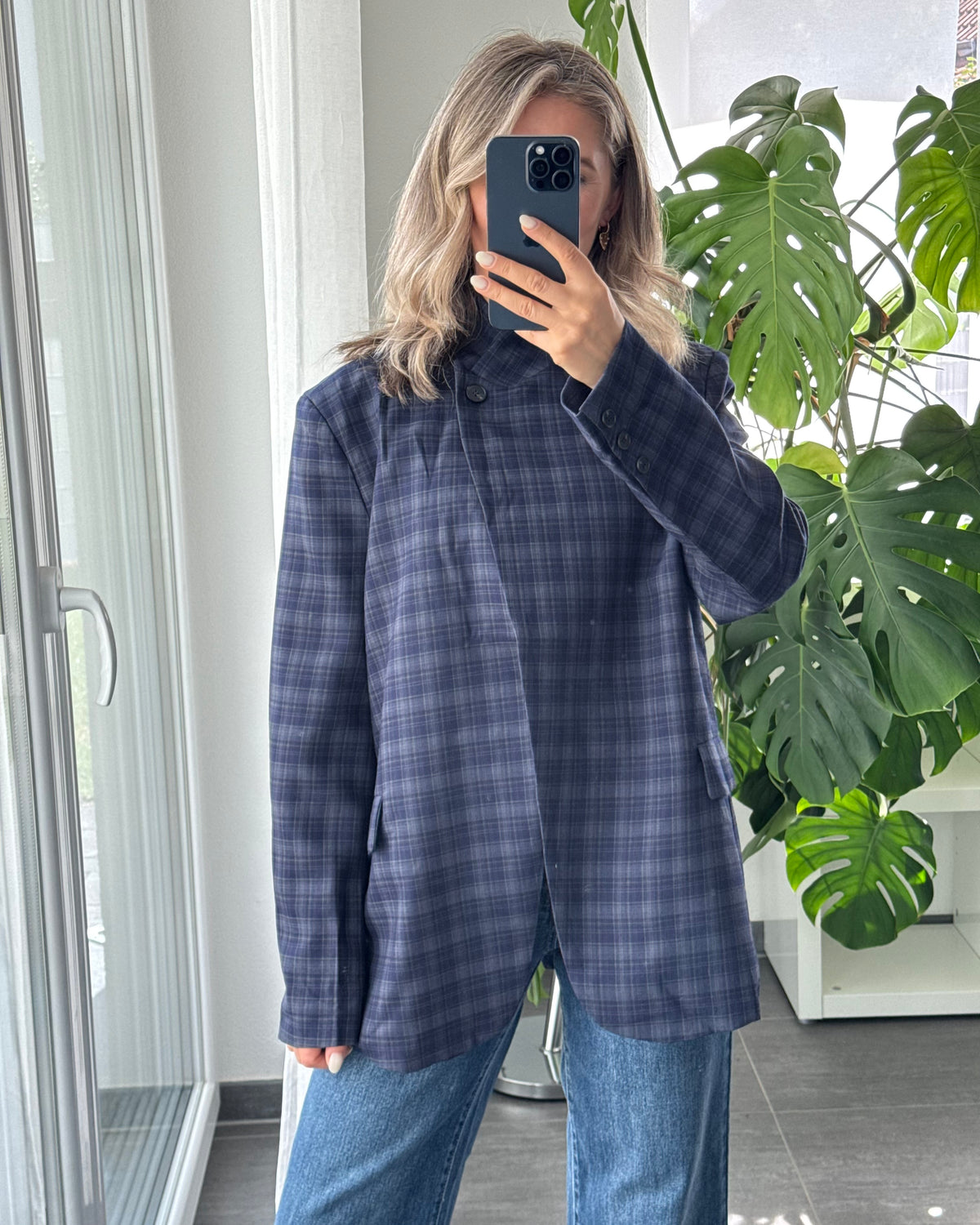 High Neck Blazer kariert blau