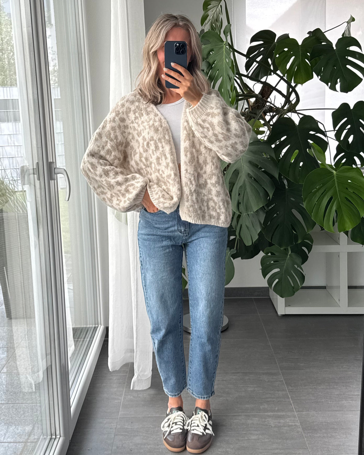 Offener Cardigan mit Leoprint Beige