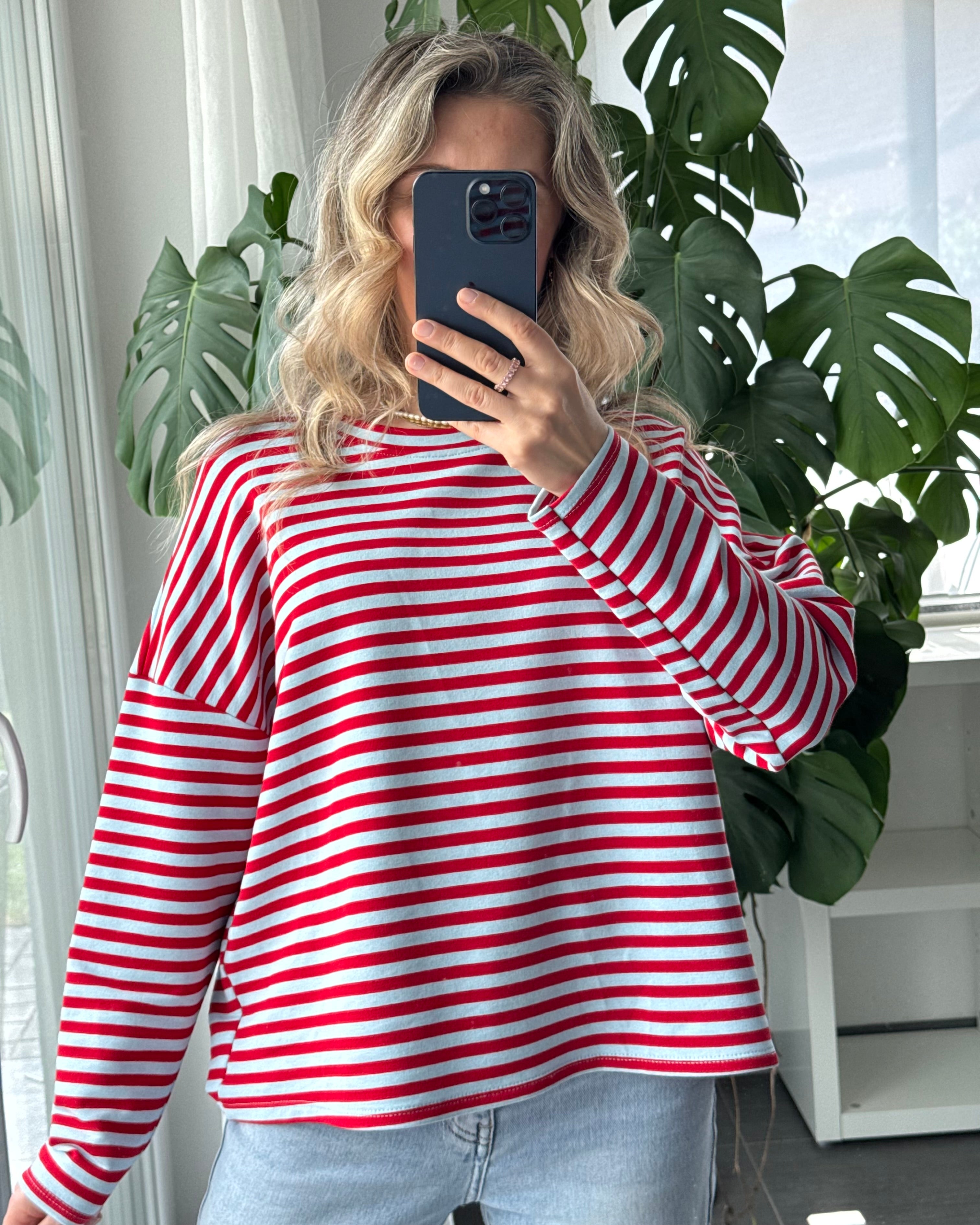 Shirt Streifenliebe langarm Hellblau Rot