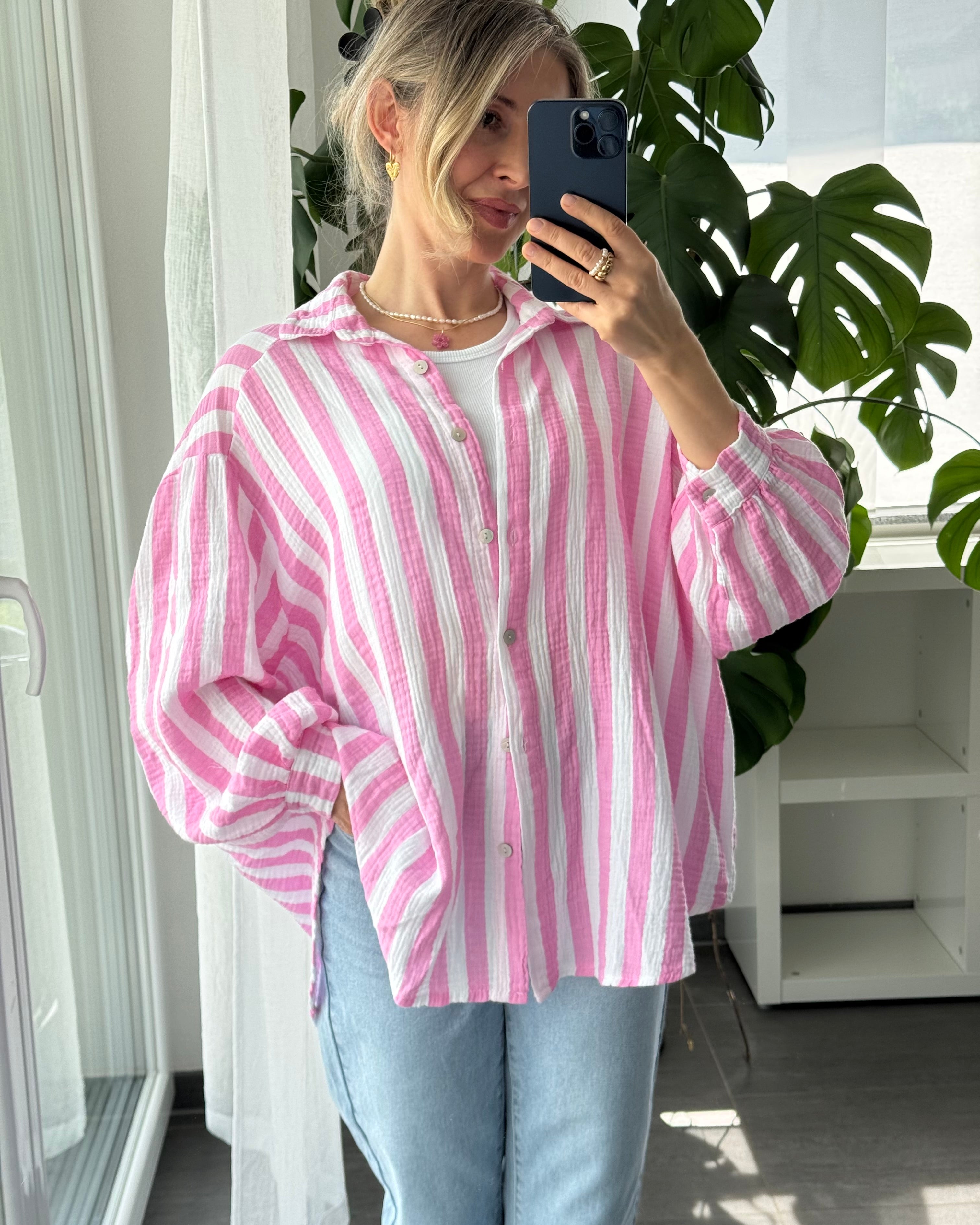 Musselinbluse Bold Stripes Rosa
