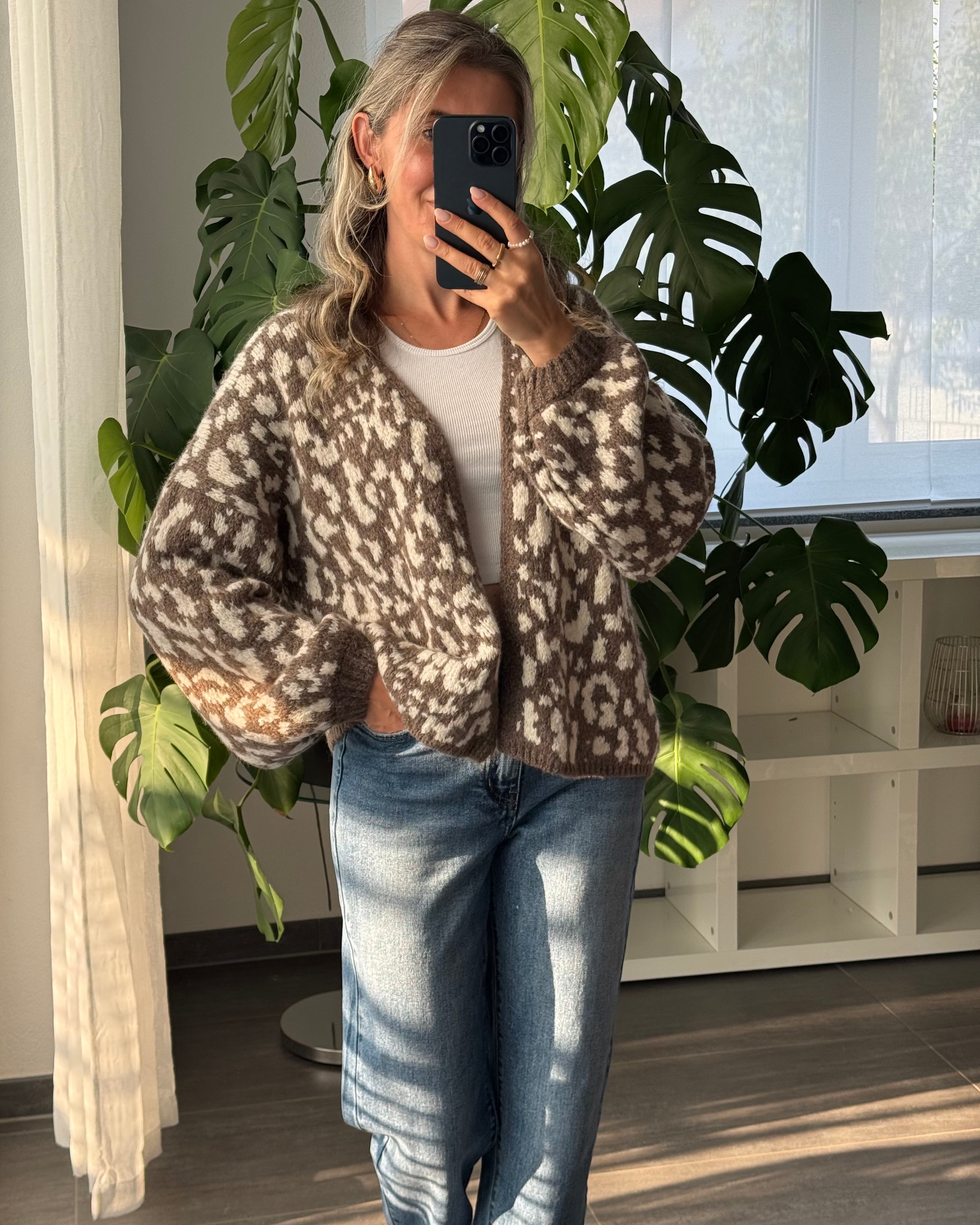 Offener Cardigan mit Leoprint Taupe