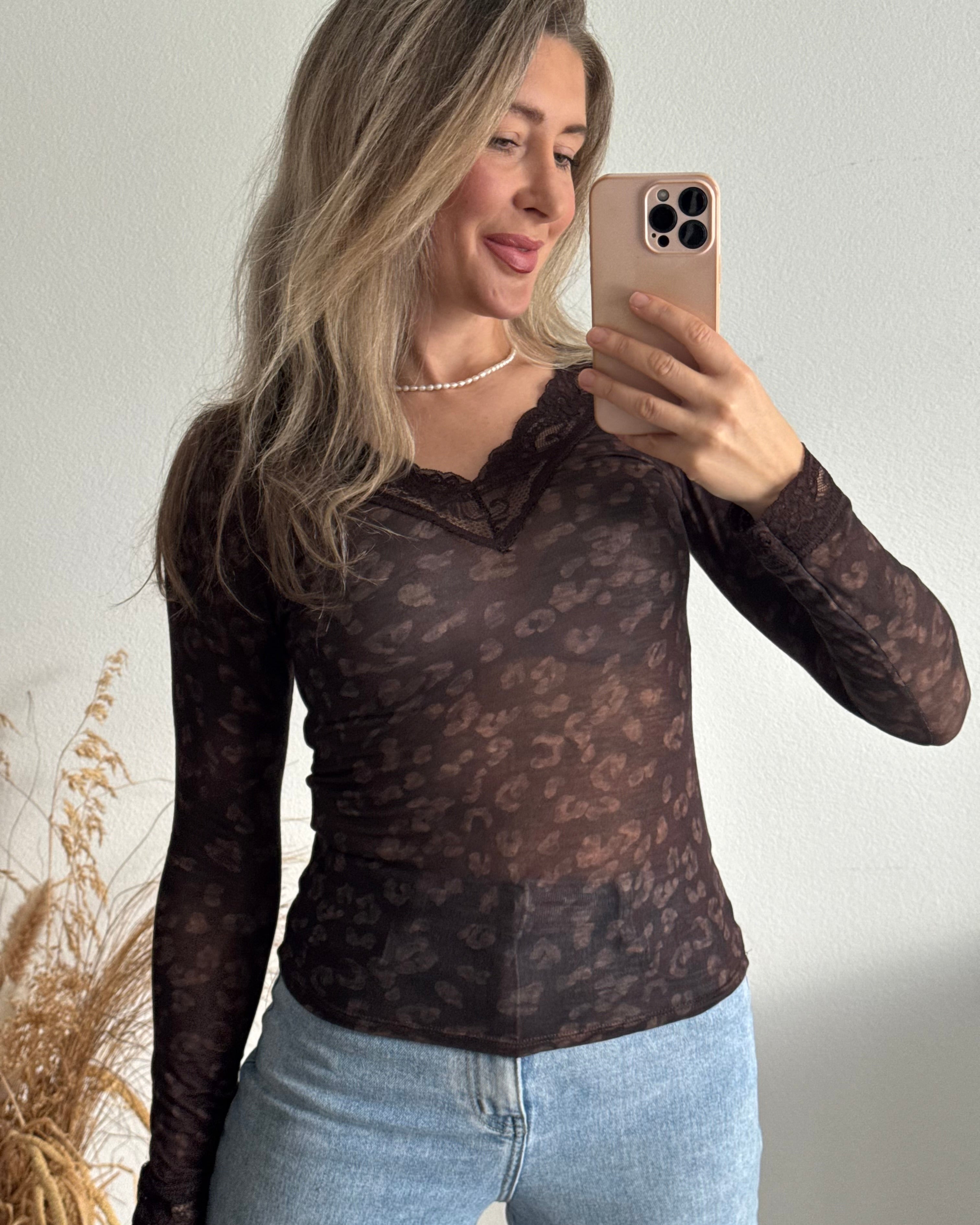 Stretchy Cashmere Langarmshirt mit Spitze Leo Braun