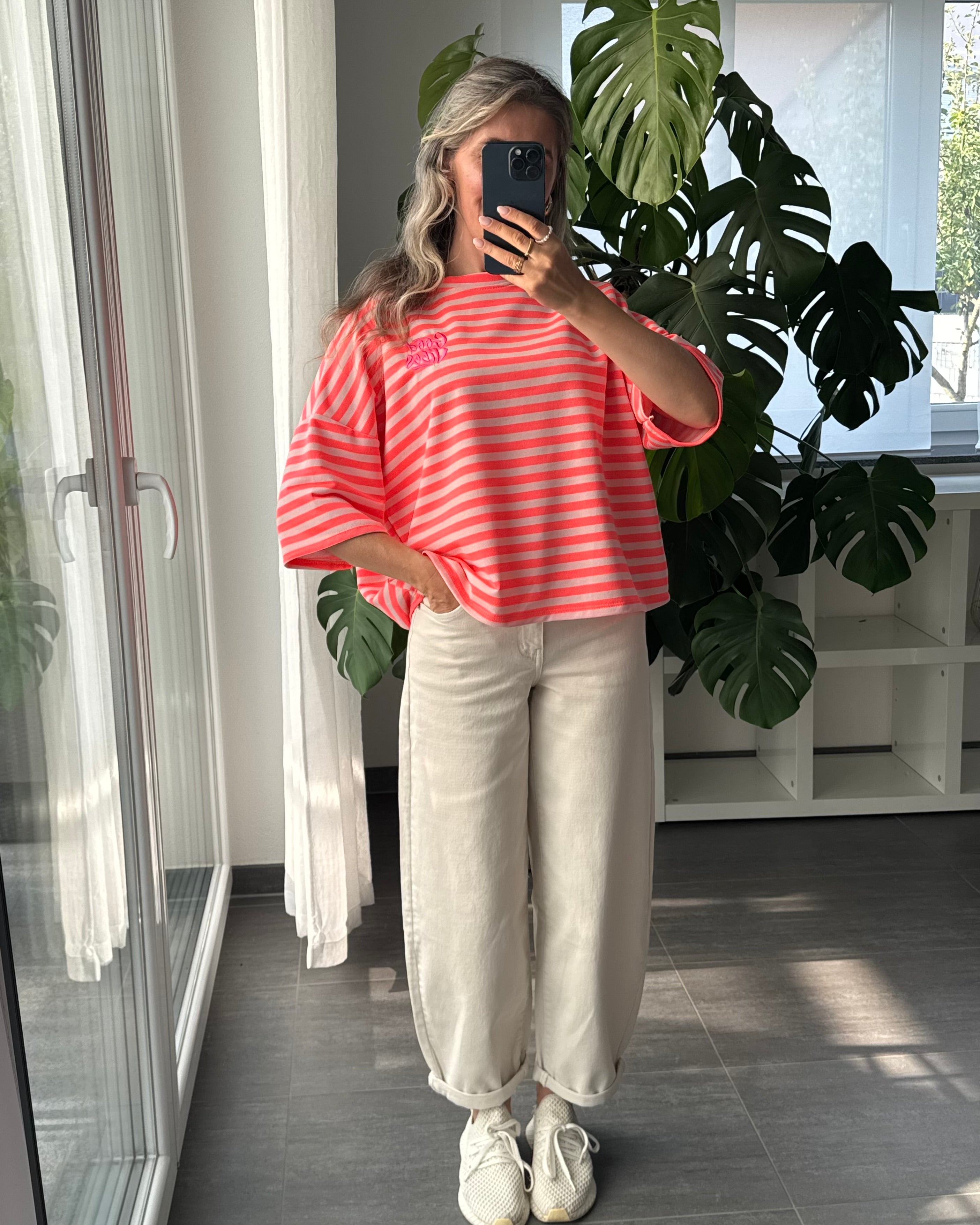Shirt Streifenliebe Good Vibes Korallrot