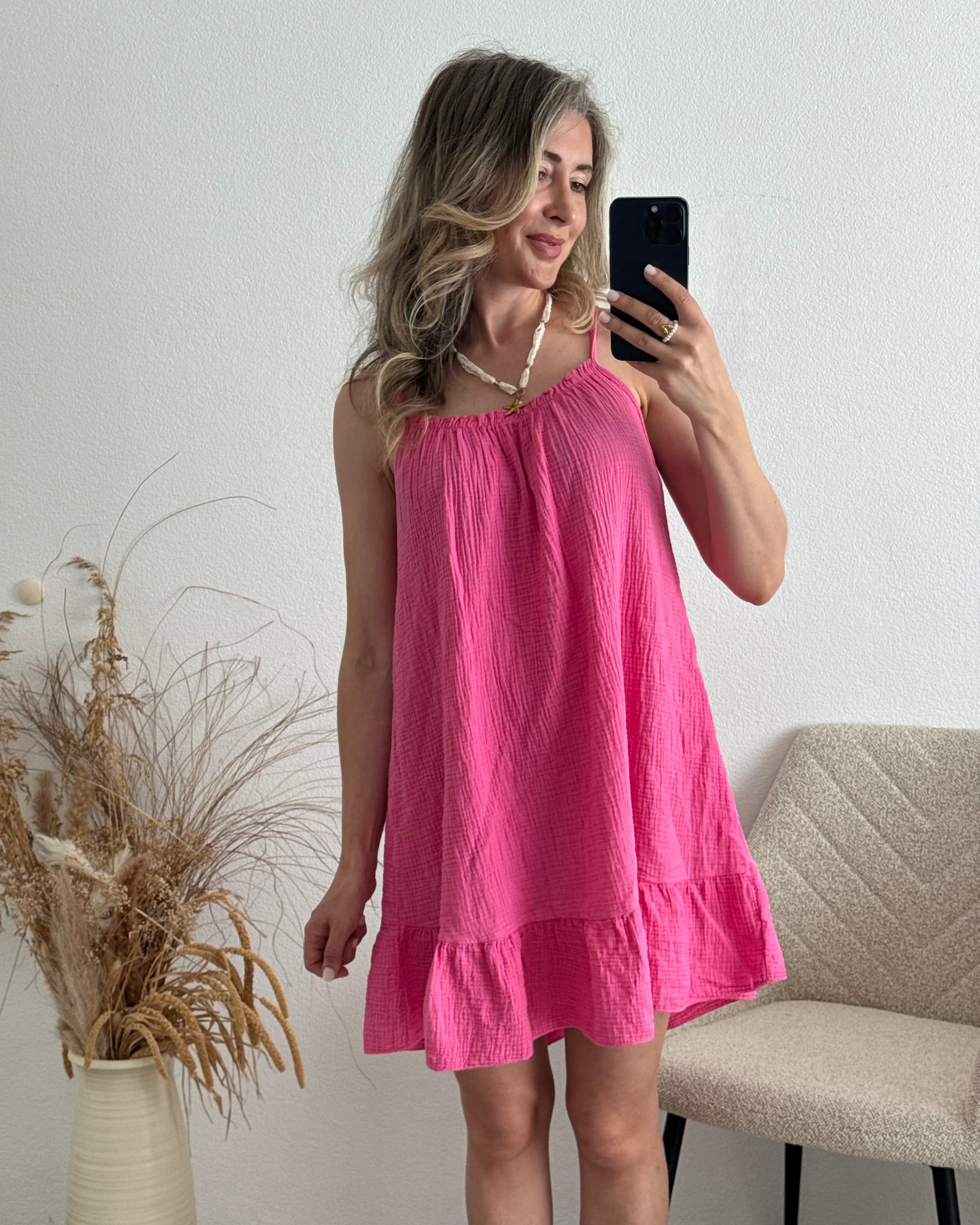 Musselinkleid mit Volantsaum Kelly Pink