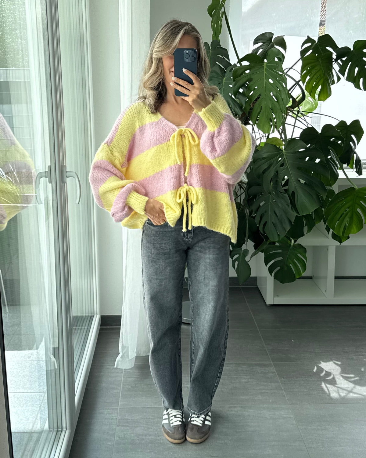 Cardigan mit Schleifen Langarm rosa softgelb