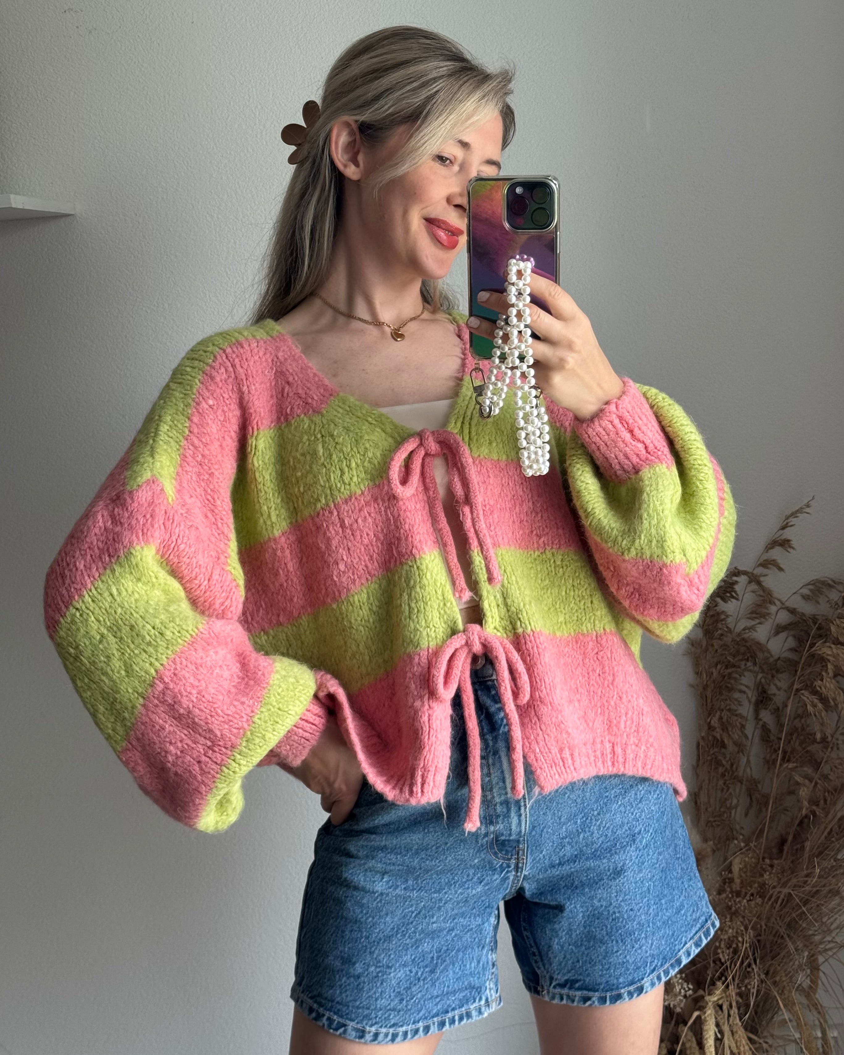 Cardigan mit Schleifen Langarm Kiwi Rosa