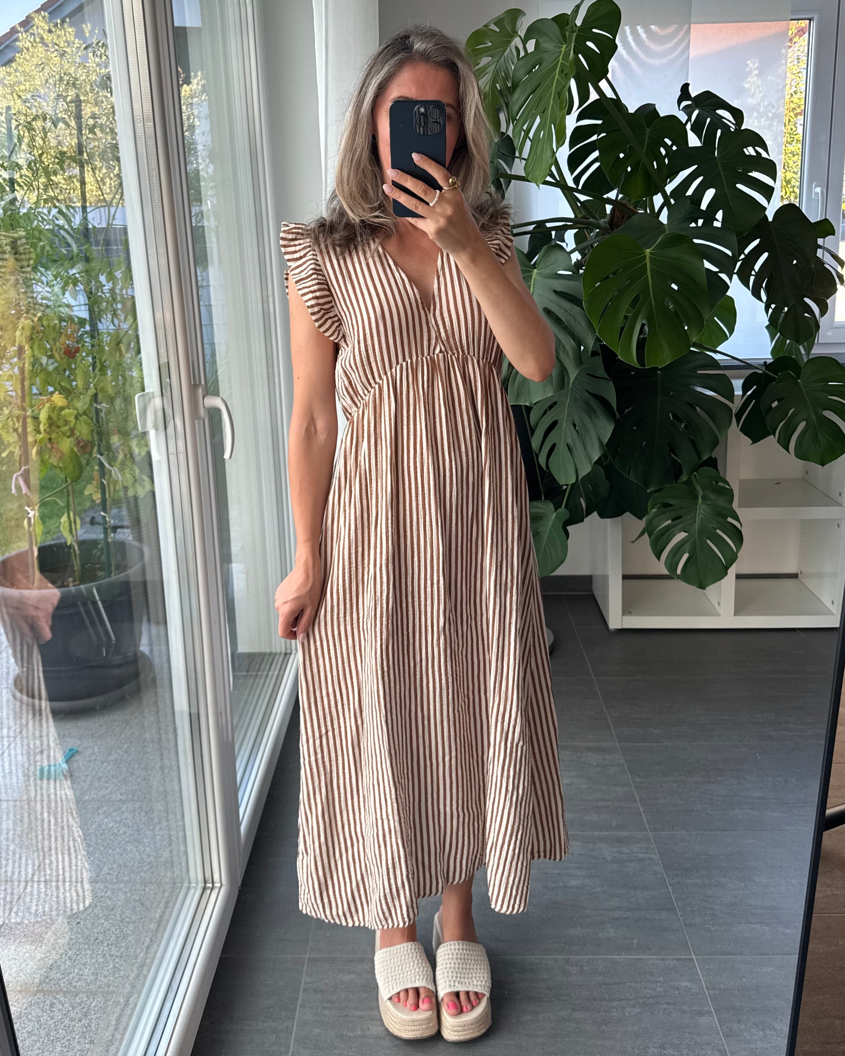 Maxi Musselinkleid Stripes Cognac