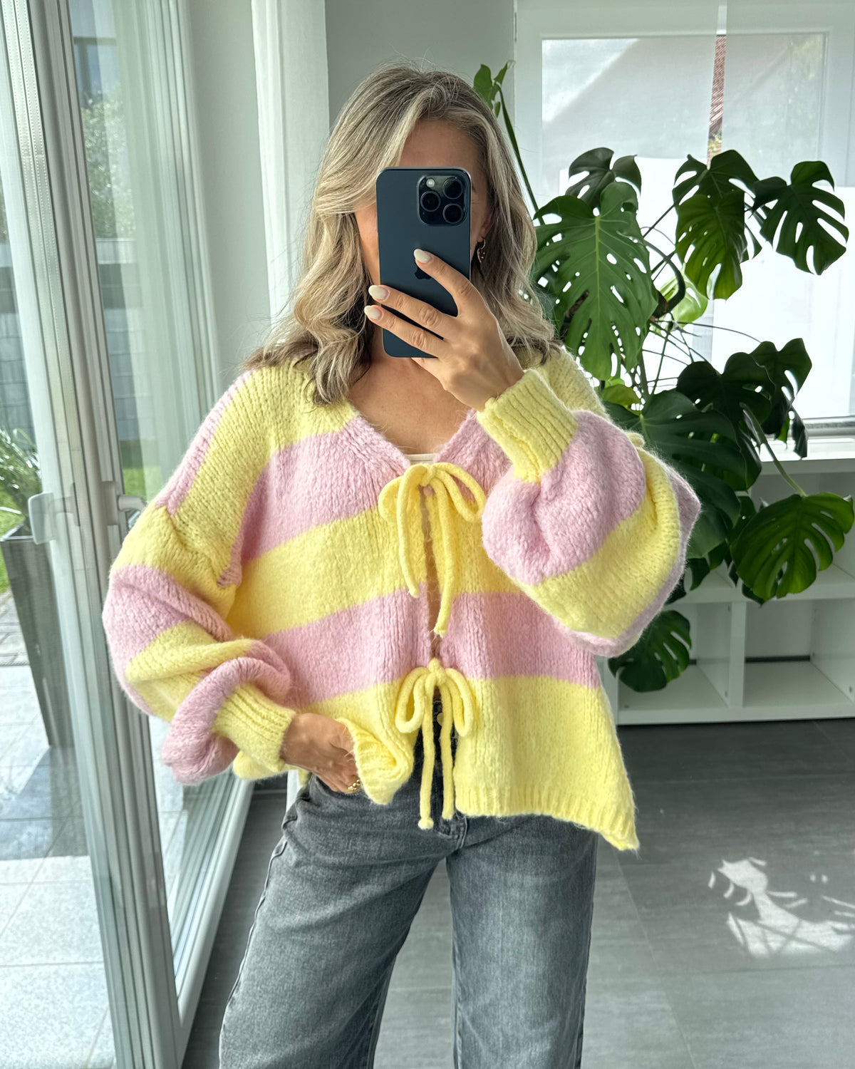 Cardigan mit Schleifen Langarm rosa softgelb