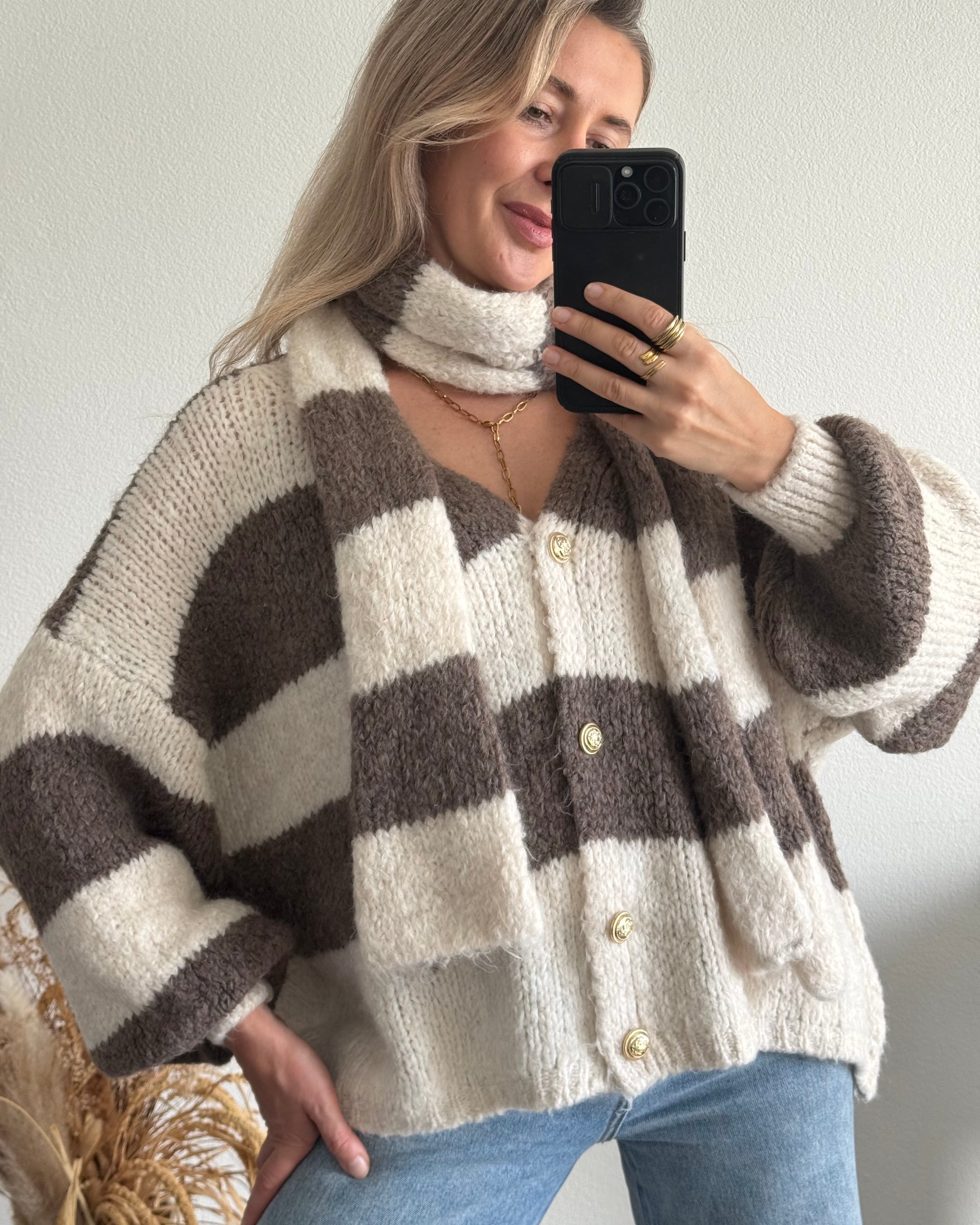 Kuscheliger Cardigan mit Schal Creme / Taupe