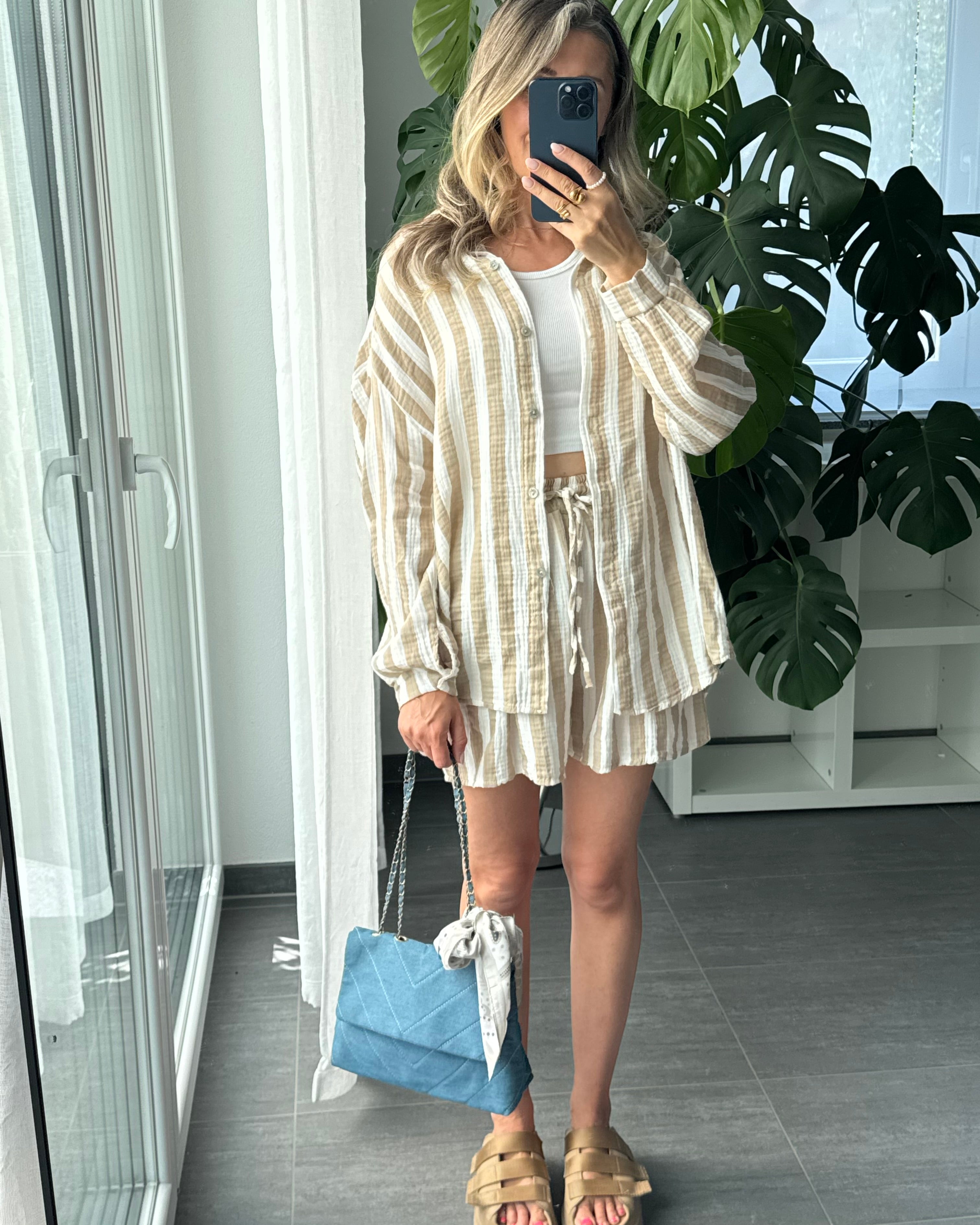 Musselin-Set – Bluse & Shorts Beige