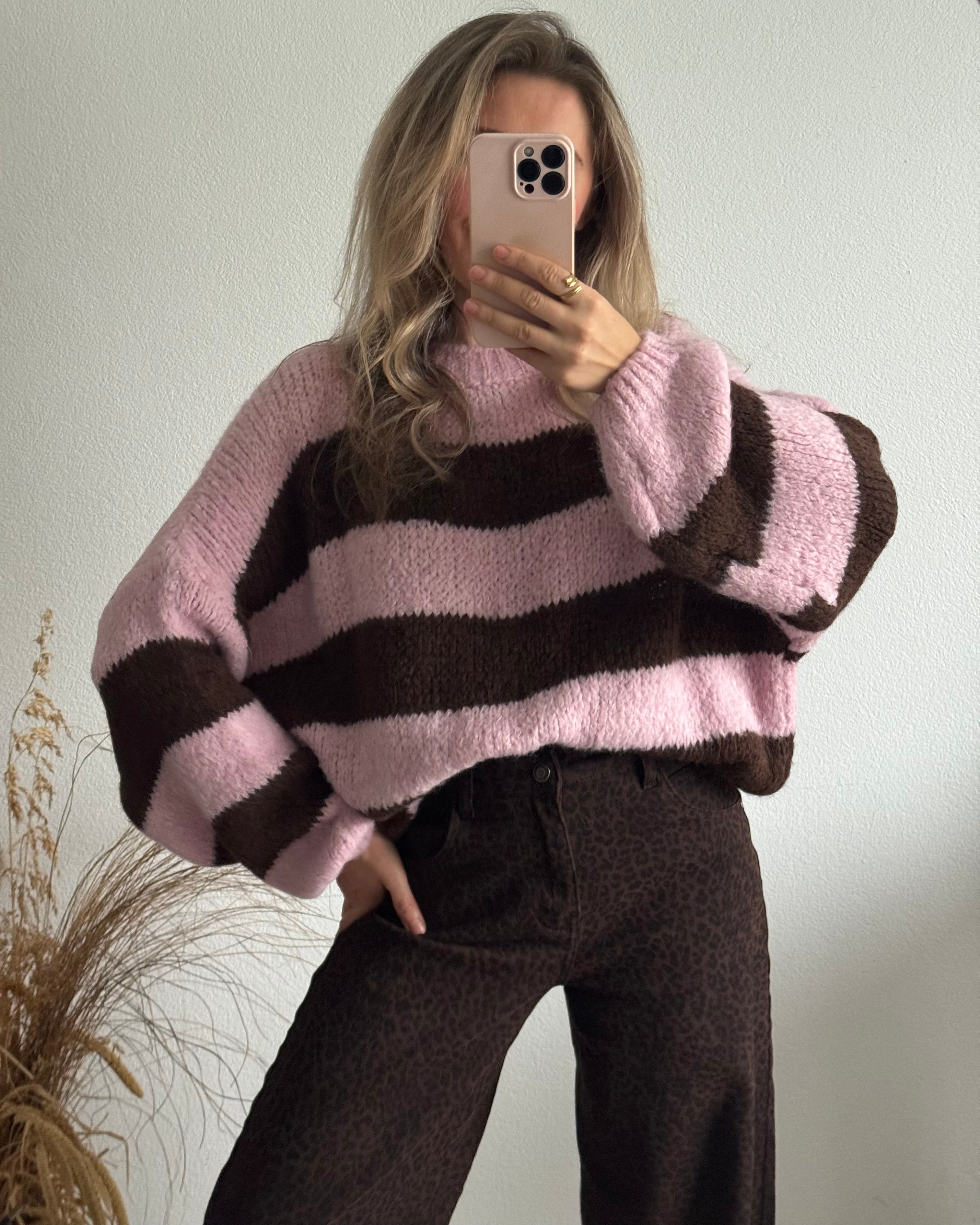 Strickpullover Fluffy Blockstreifen Braun Rosa