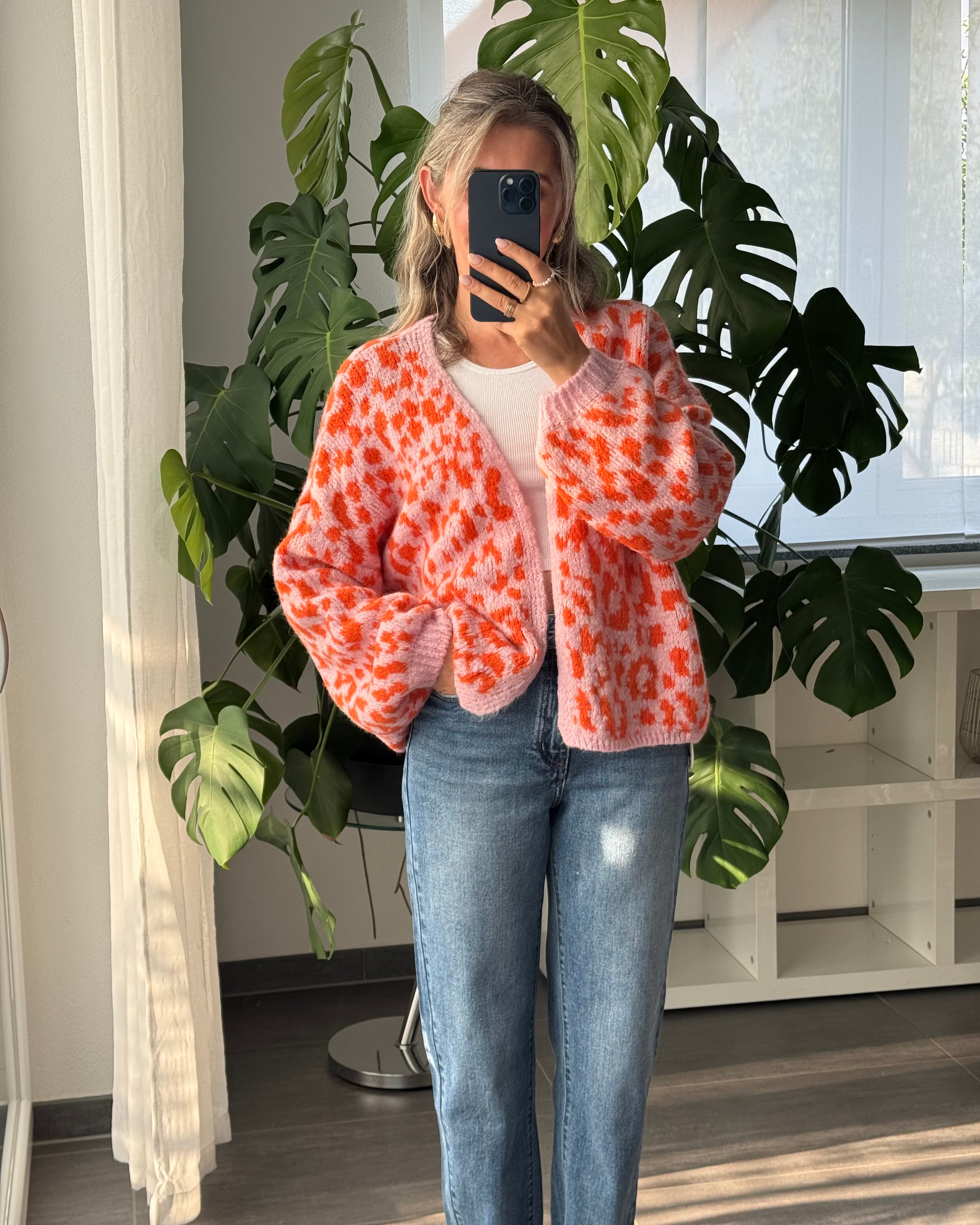 Offener Cardigan mit Leoprint Orange