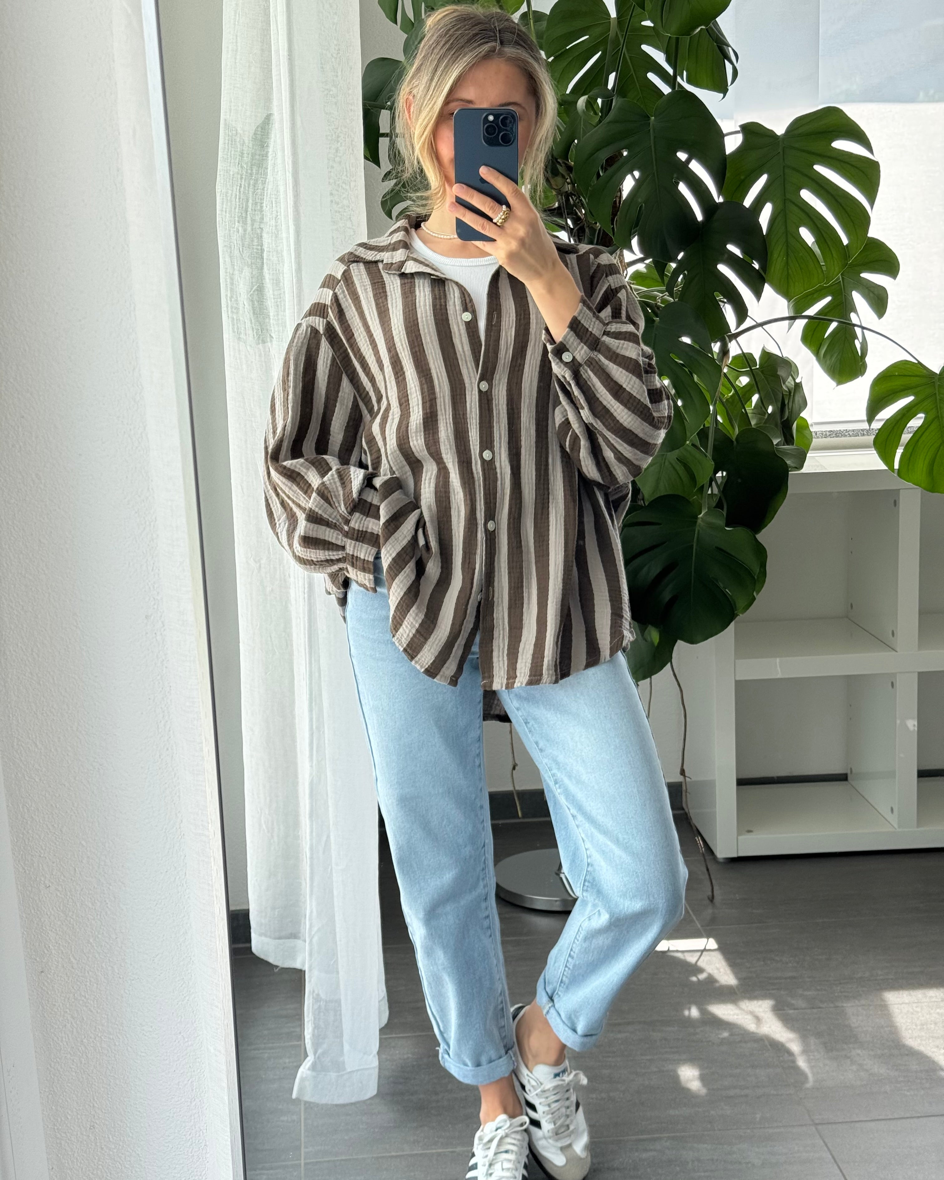 Musselinbluse Bold Stripes Braun
