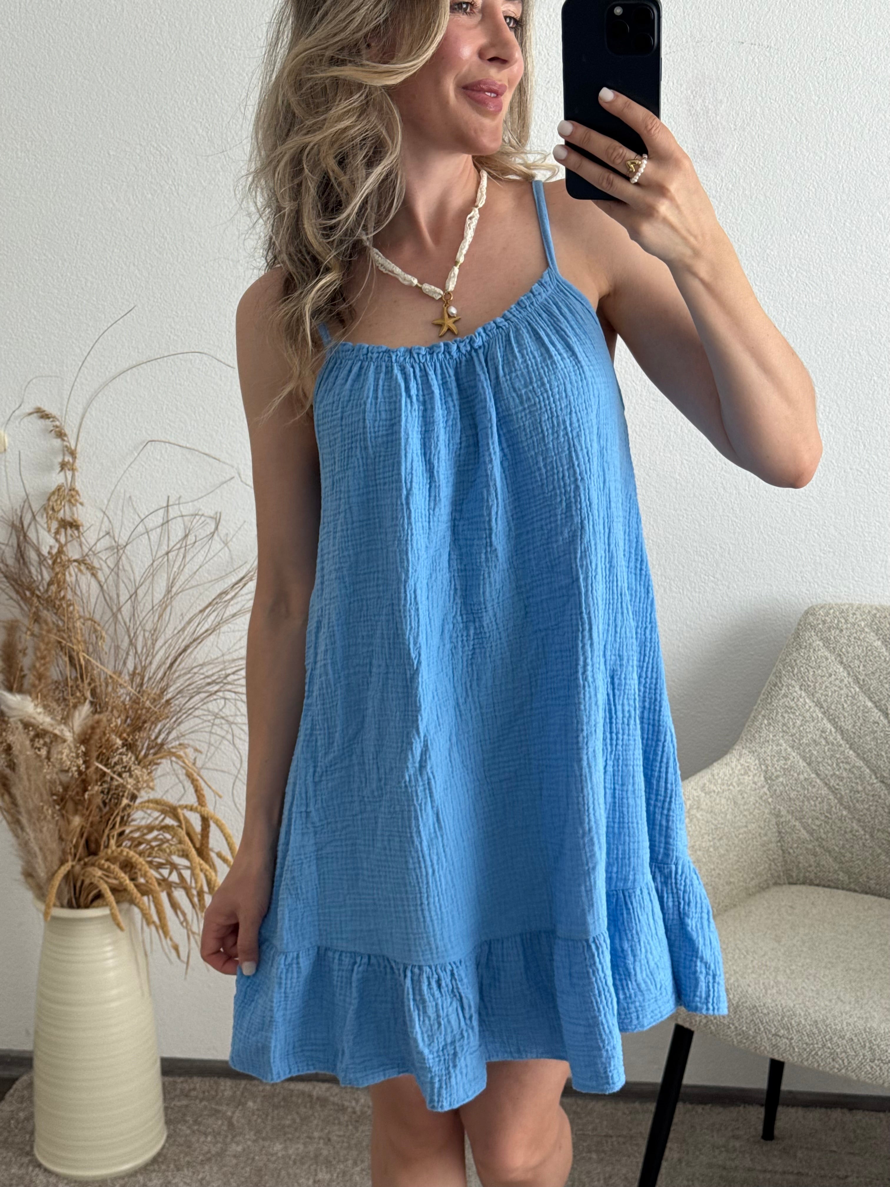 Musselinkleid mit Volantsaum Kelly     Himmelblau