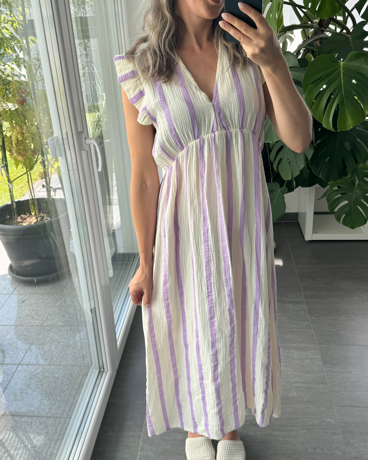 Maxi Musselinkleid Stripes Flieder