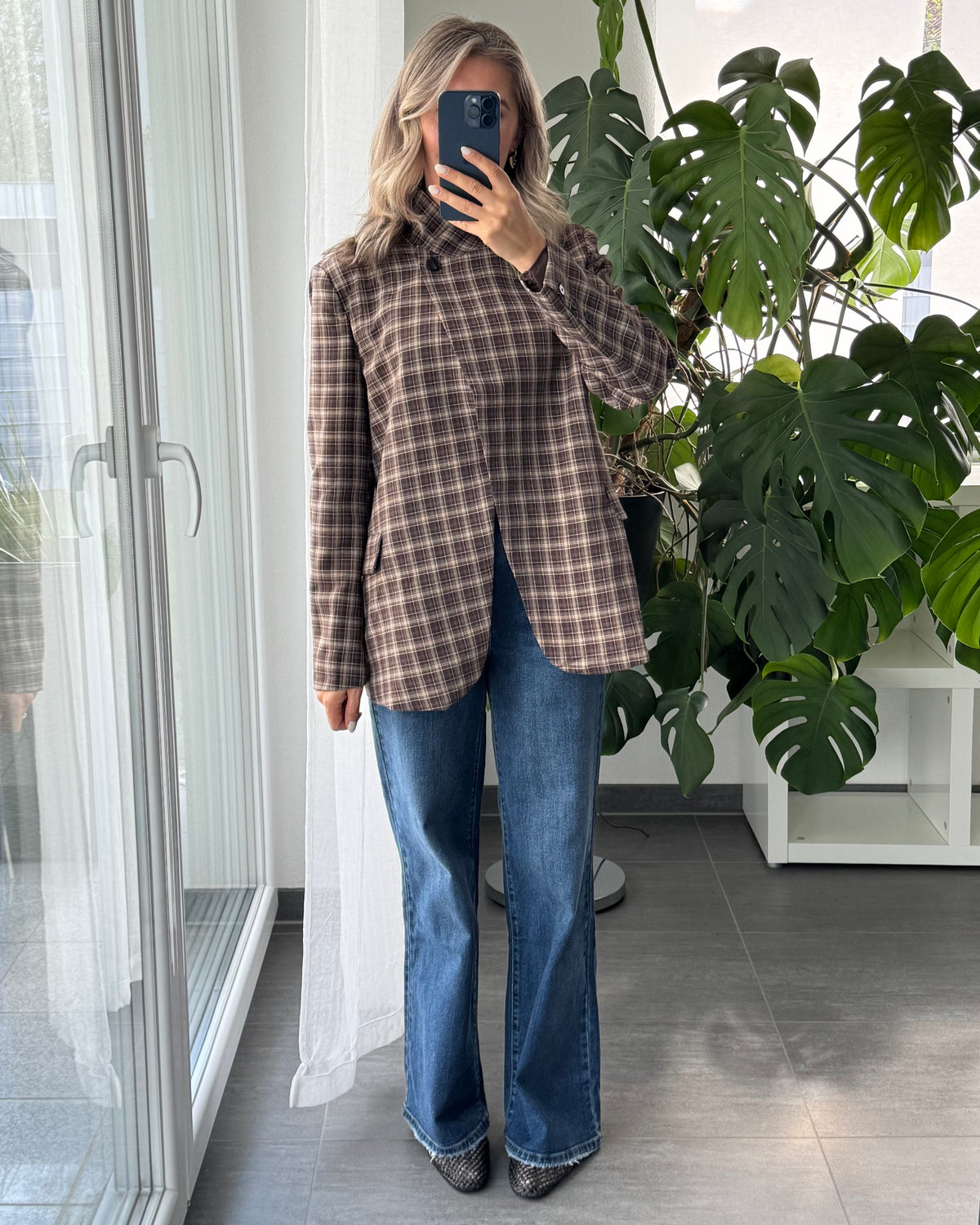 High Neck Blazer kariert braun