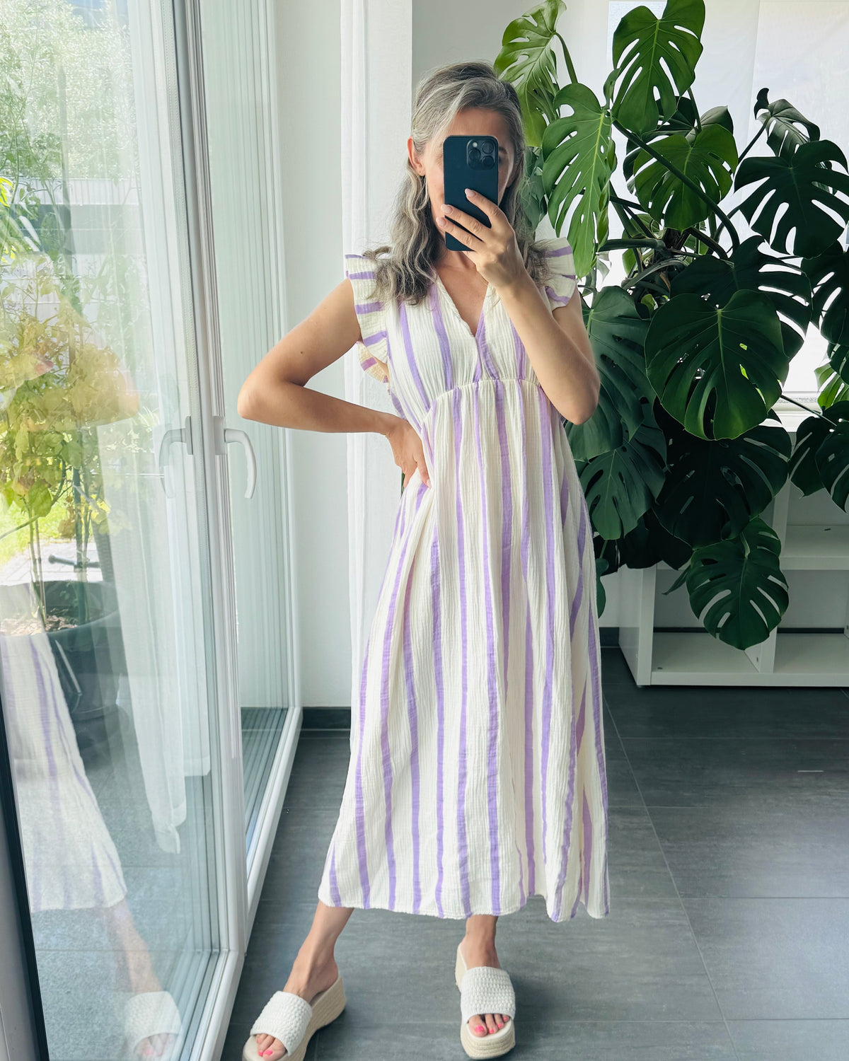 Maxi Musselinkleid Stripes Flieder