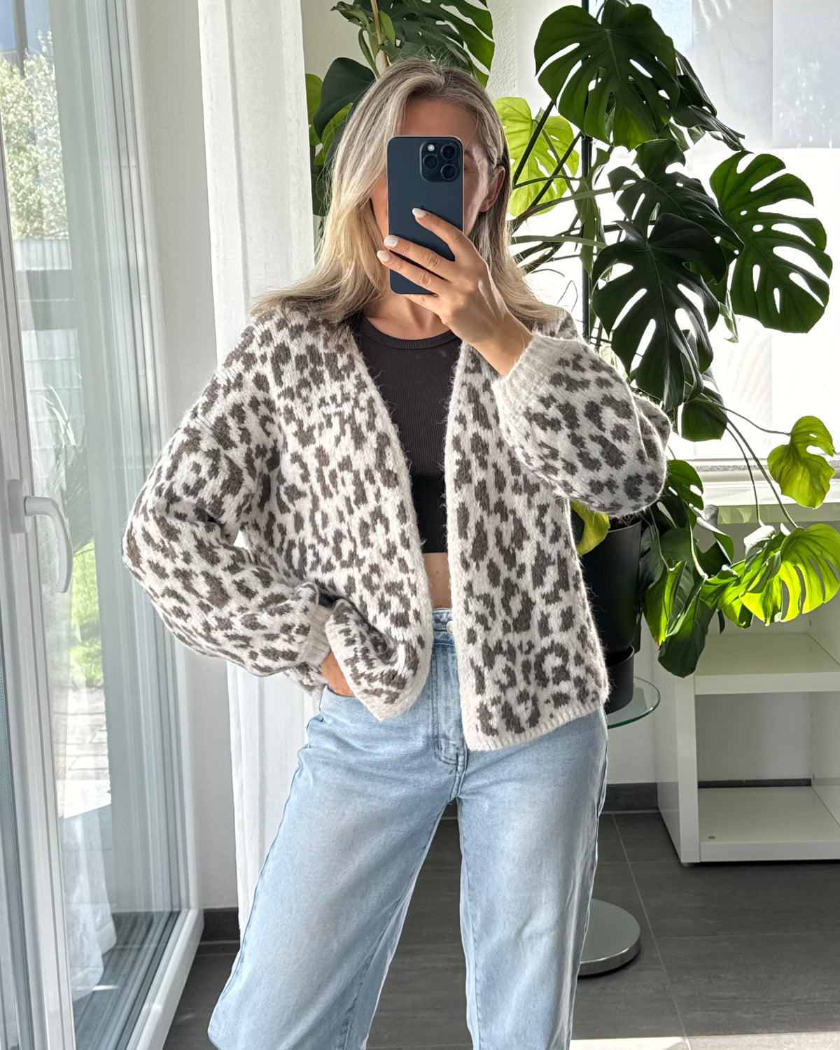 Offener Cardigan mit Leoprint Beige Taupe