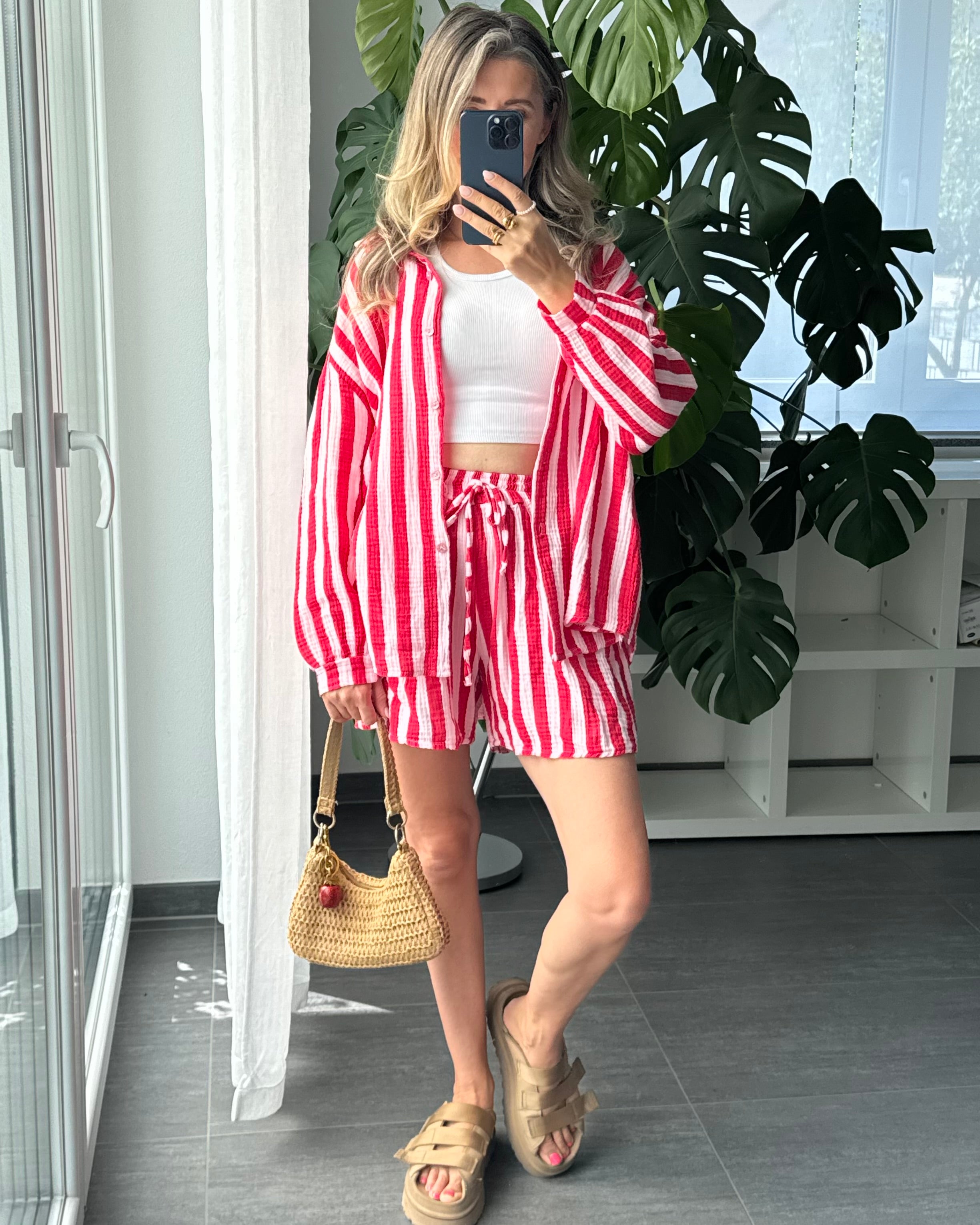 Musselin-Set – Bluse & Shorts Rot
