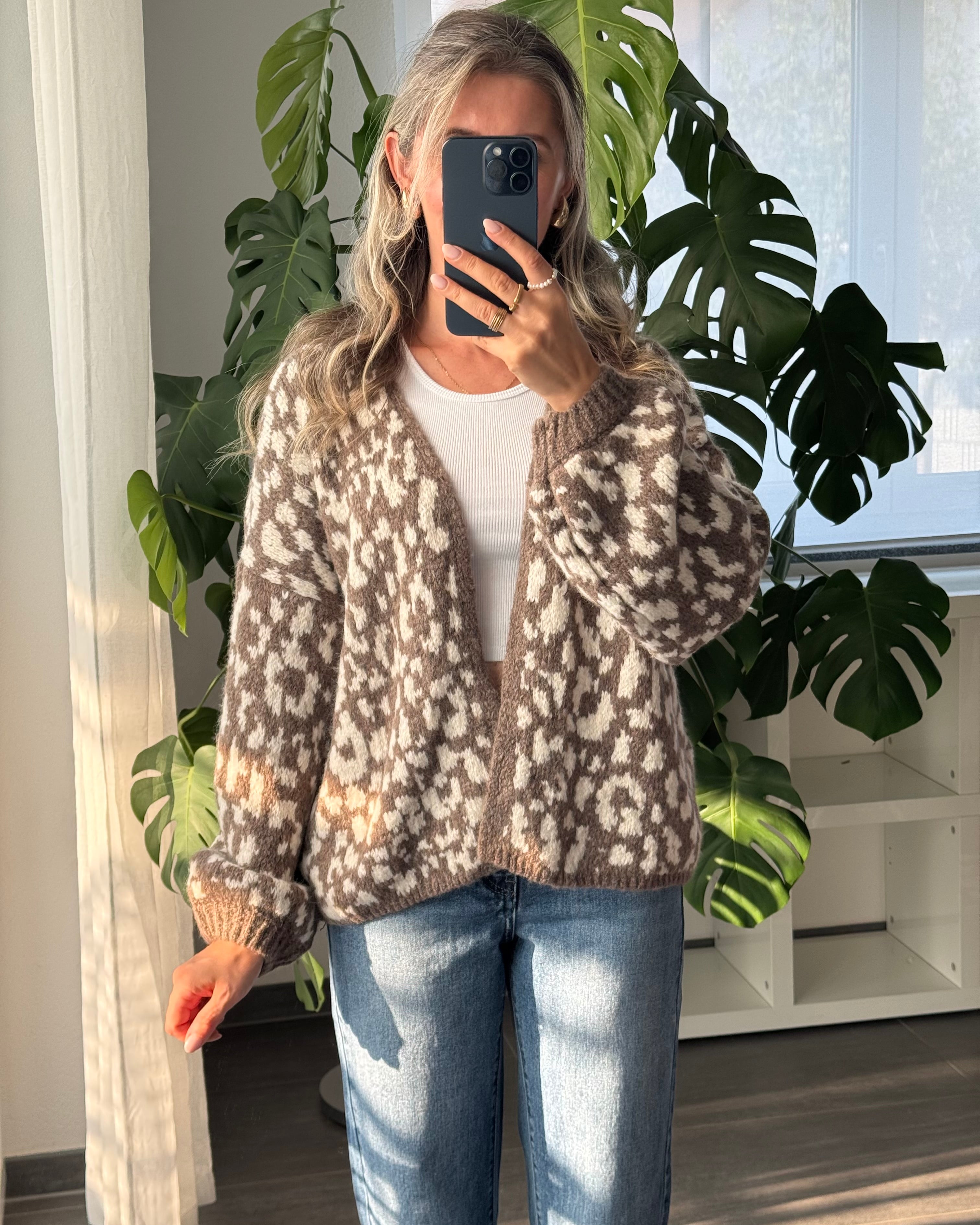 Offener Cardigan mit Leoprint Taupe