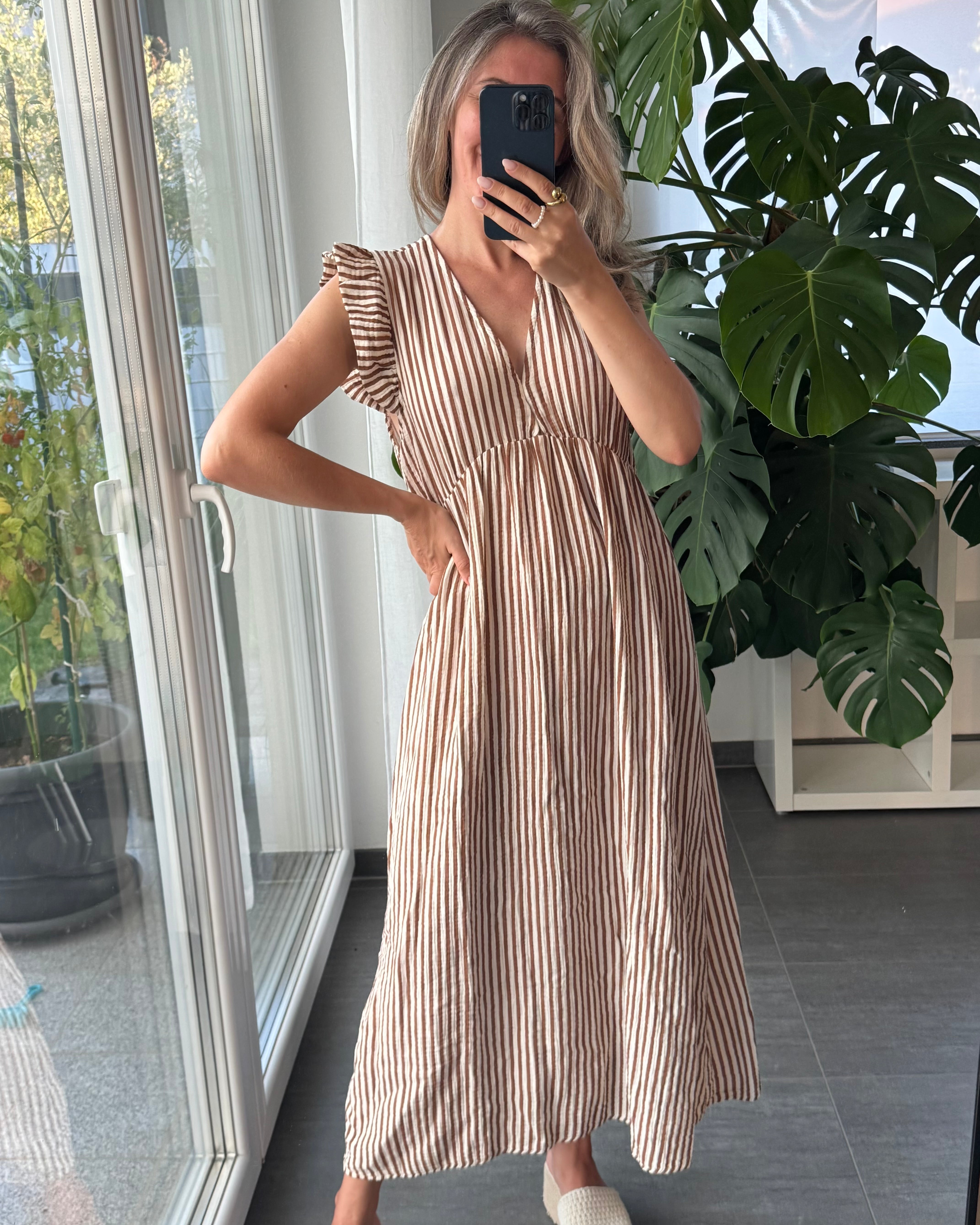 Maxi Musselinkleid Stripes Cognac