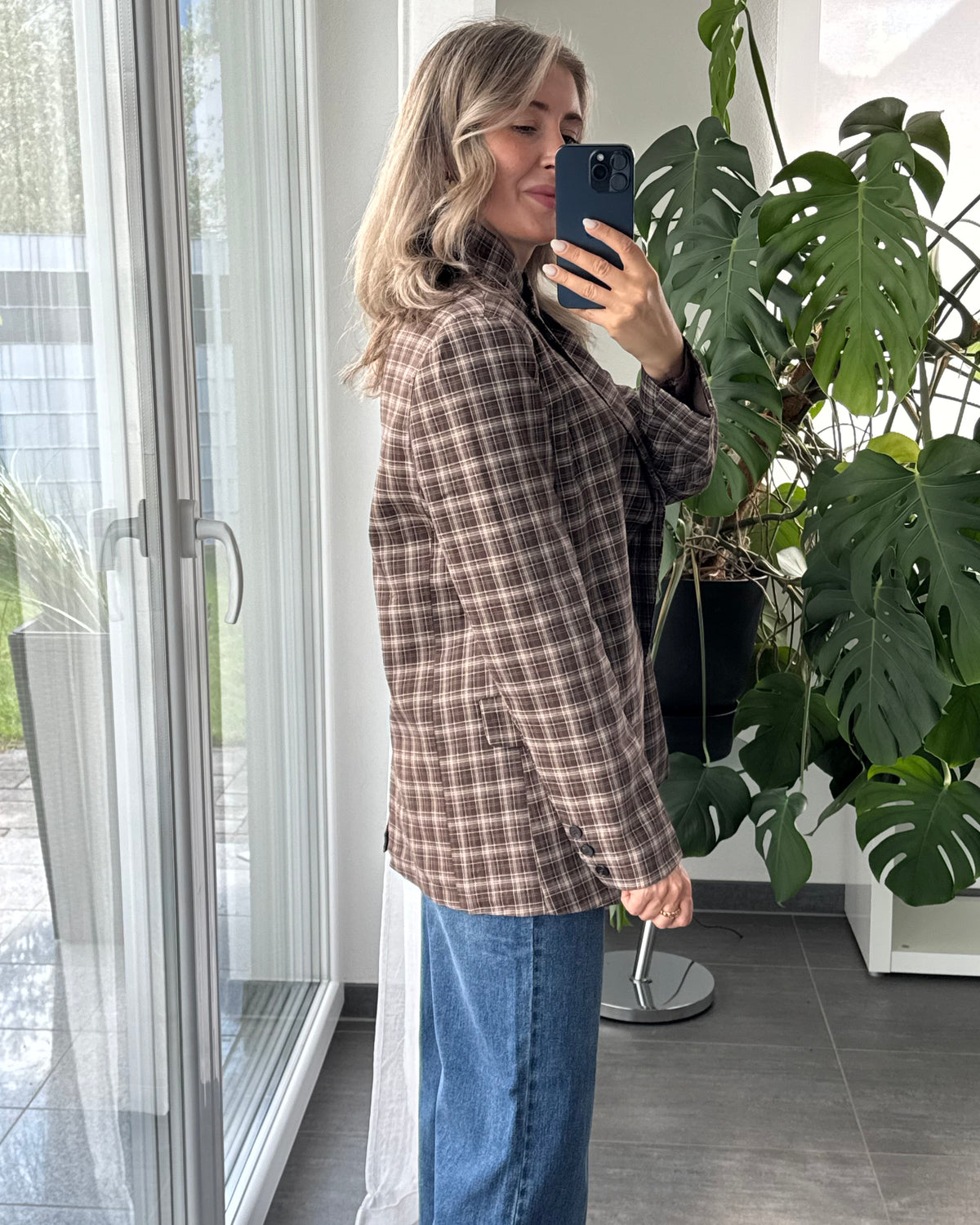 High Neck Blazer kariert braun