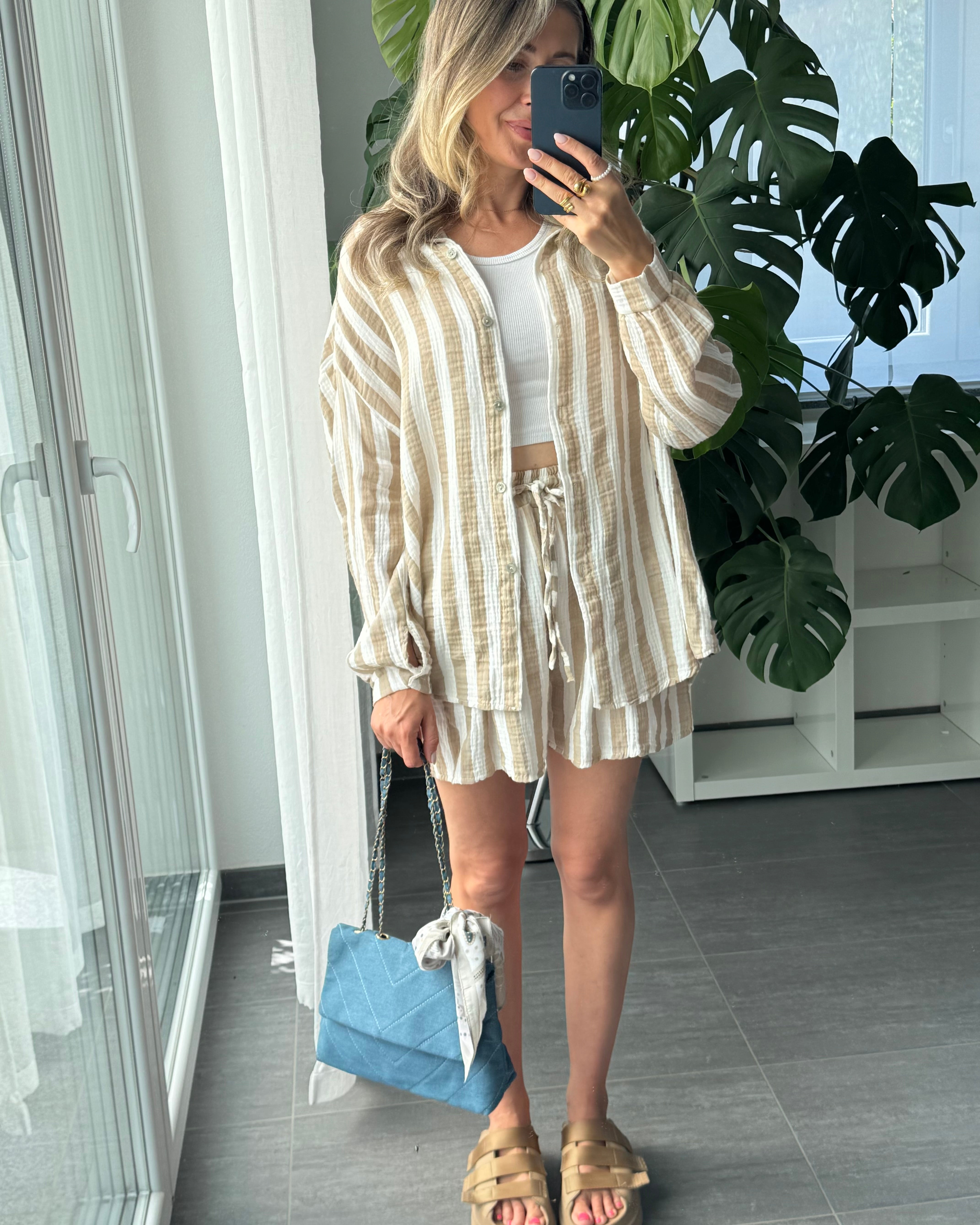 Musselin-Set – Bluse & Shorts Beige
