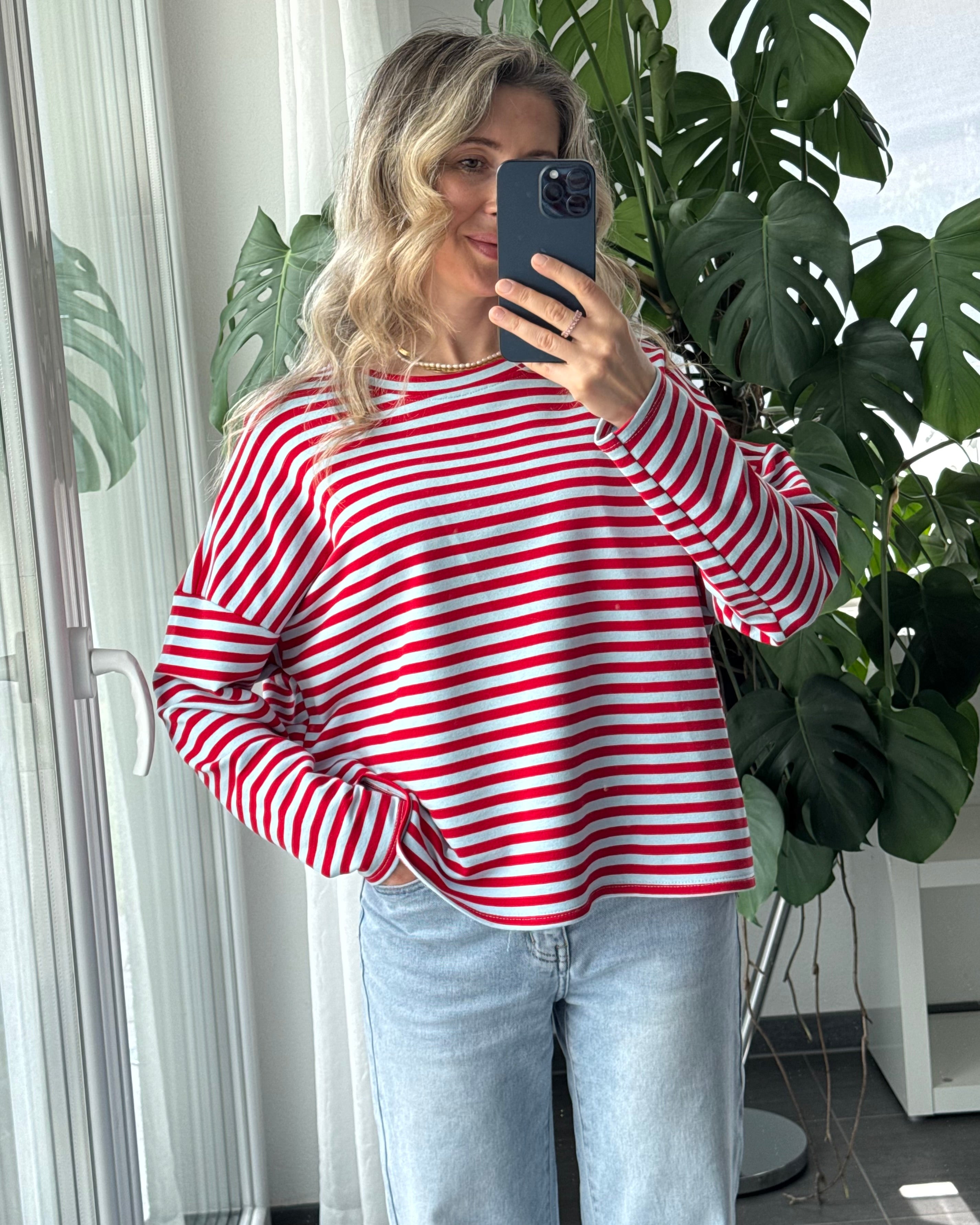 Shirt Streifenliebe langarm Hellblau Rot