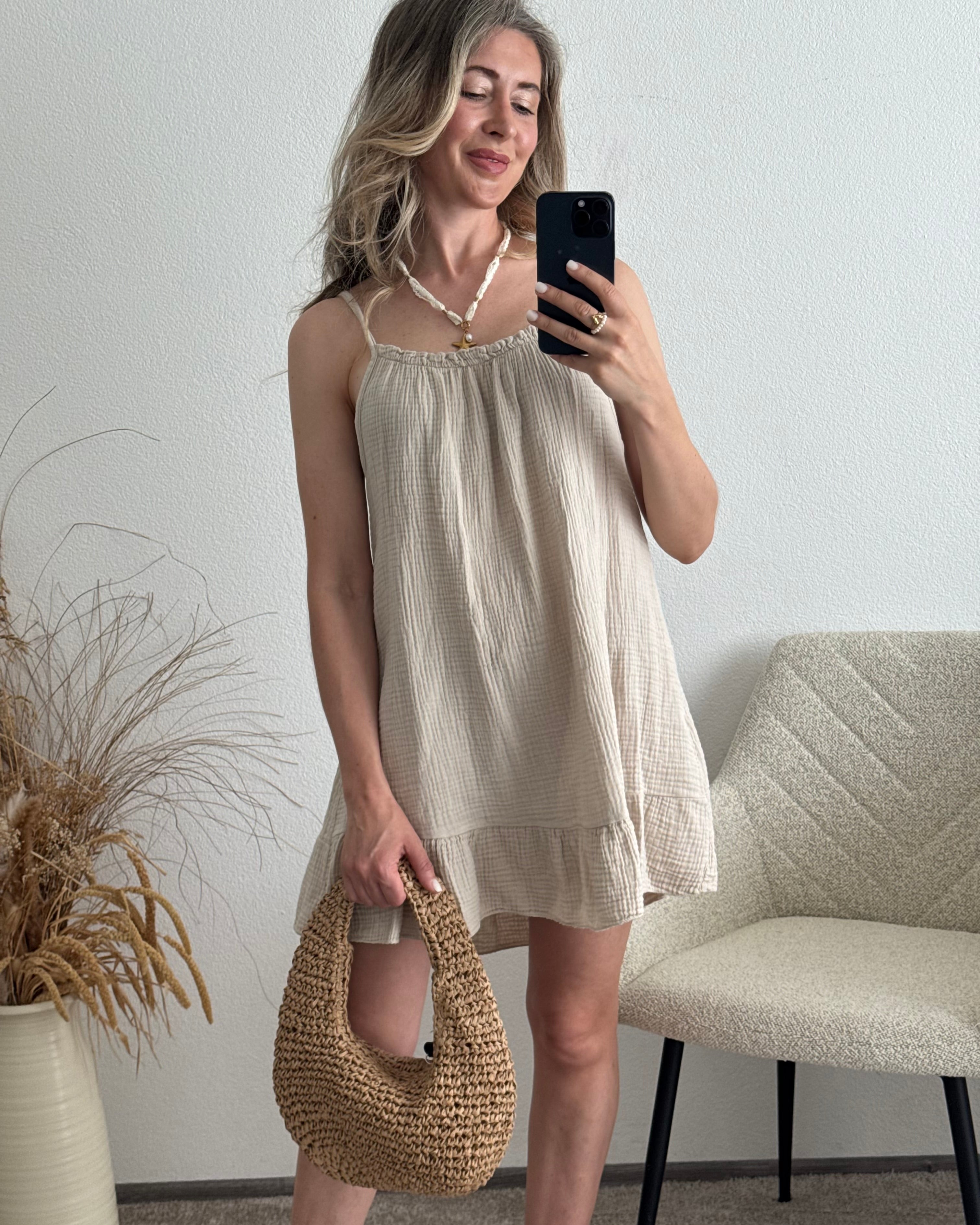 Musselinkleid mit Volantsaum Kelly Beige