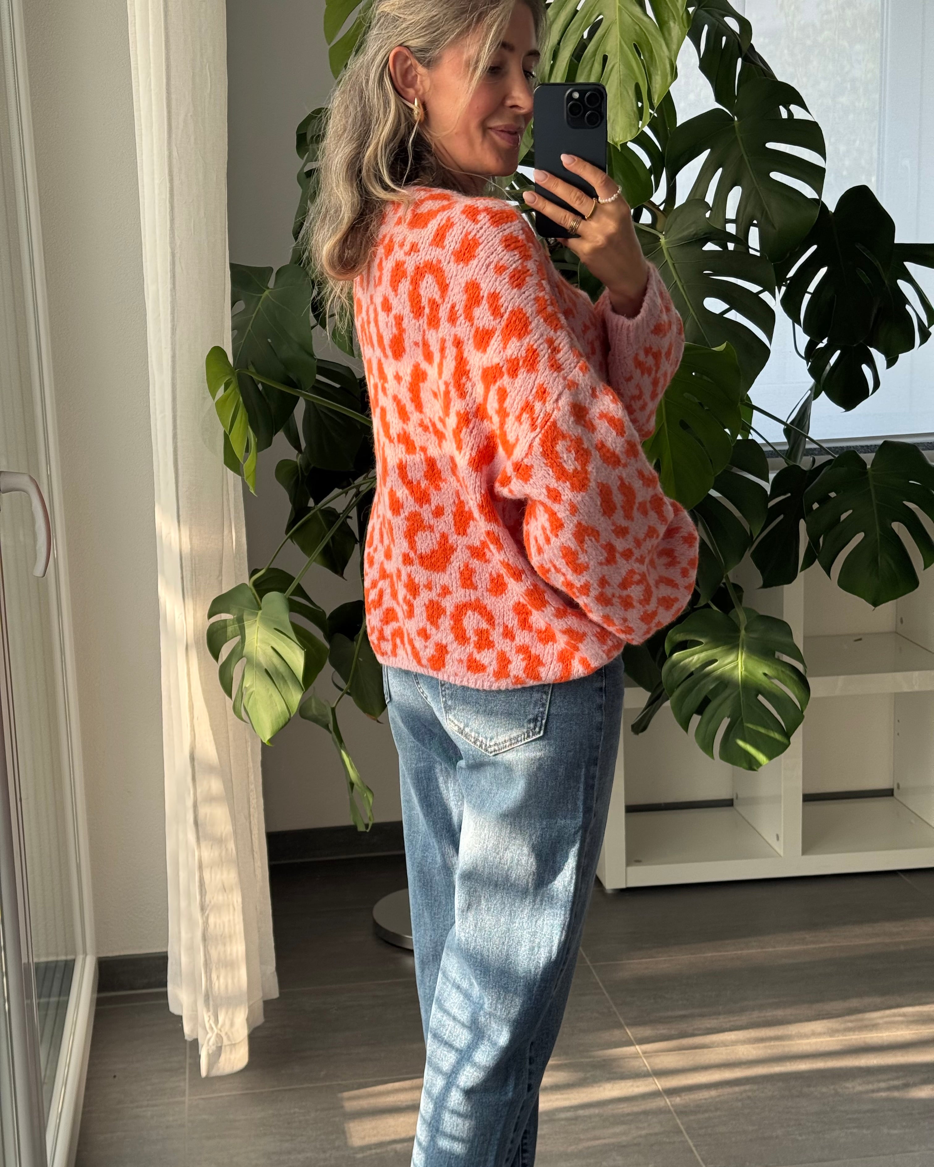 Offener Cardigan mit Leoprint Orange