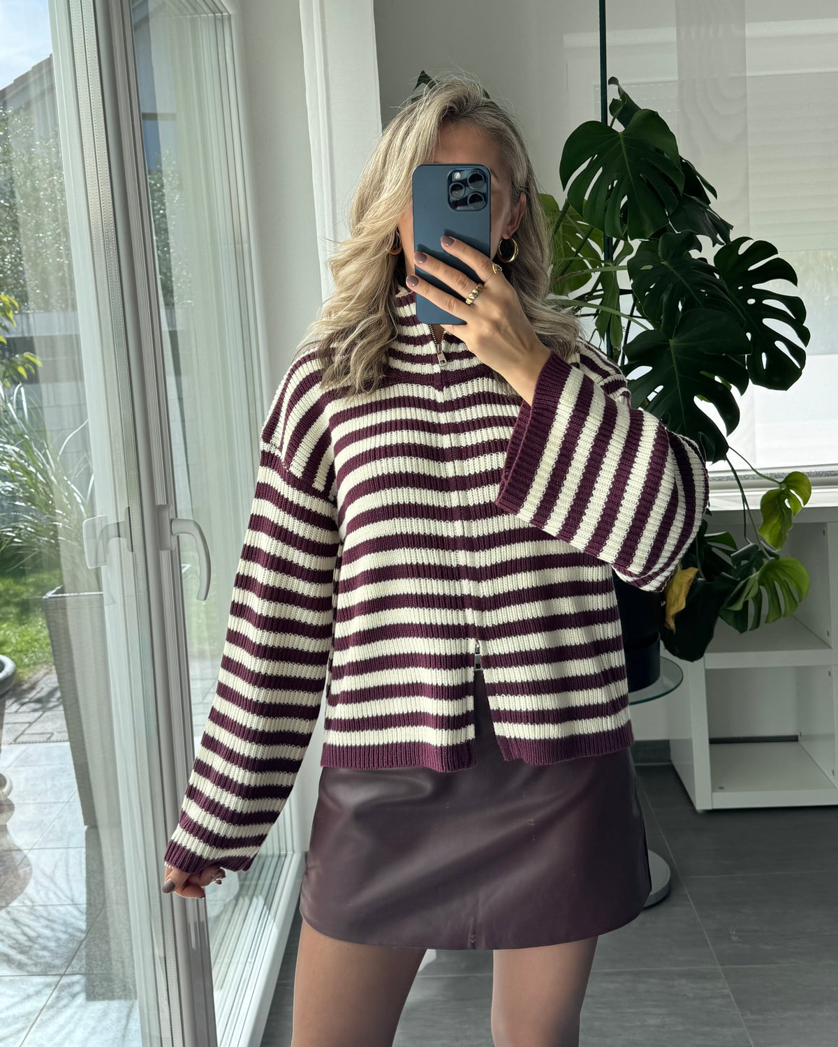Streifen Strick Zipper Purple