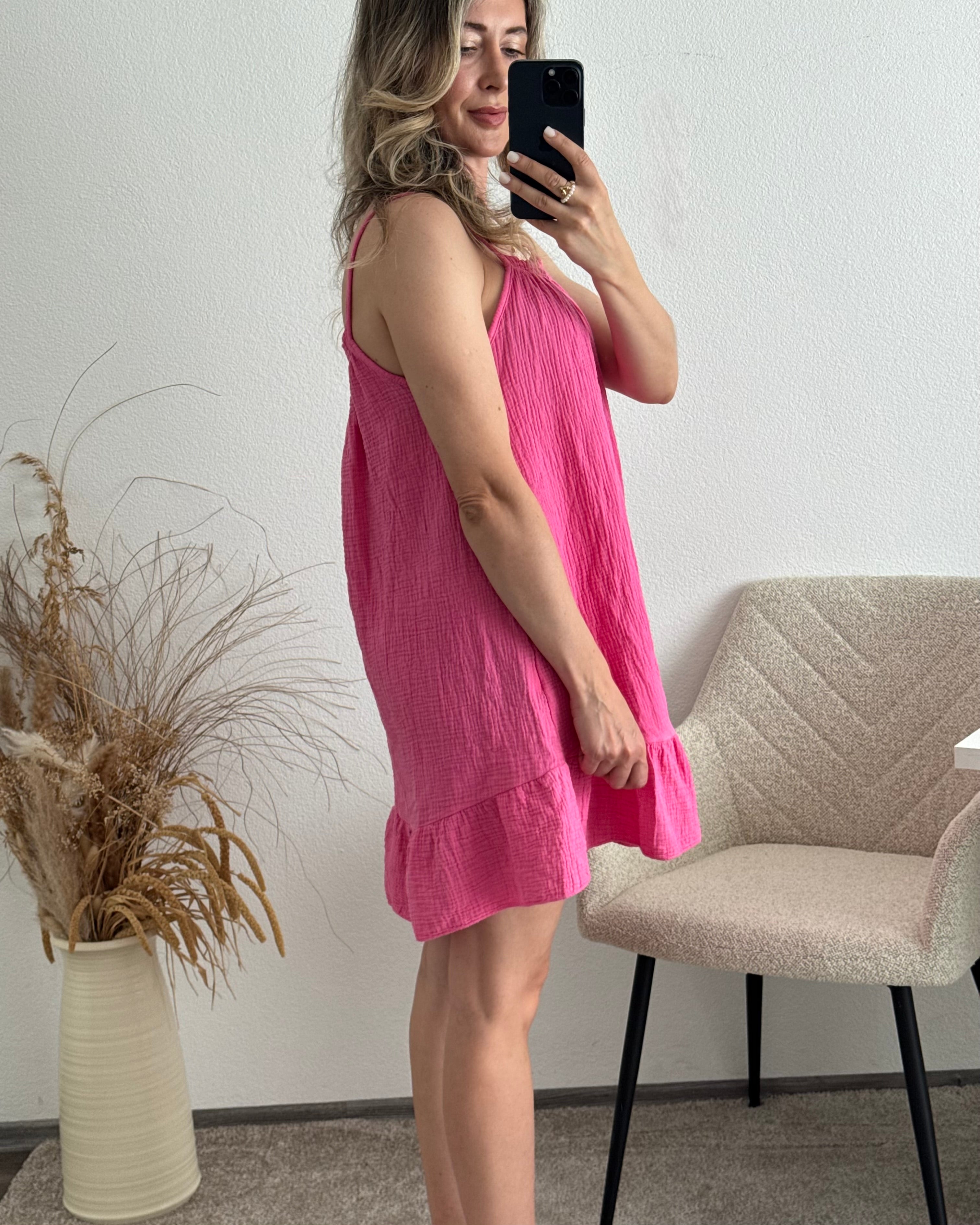Musselinkleid mit Volantsaum Kelly Pink