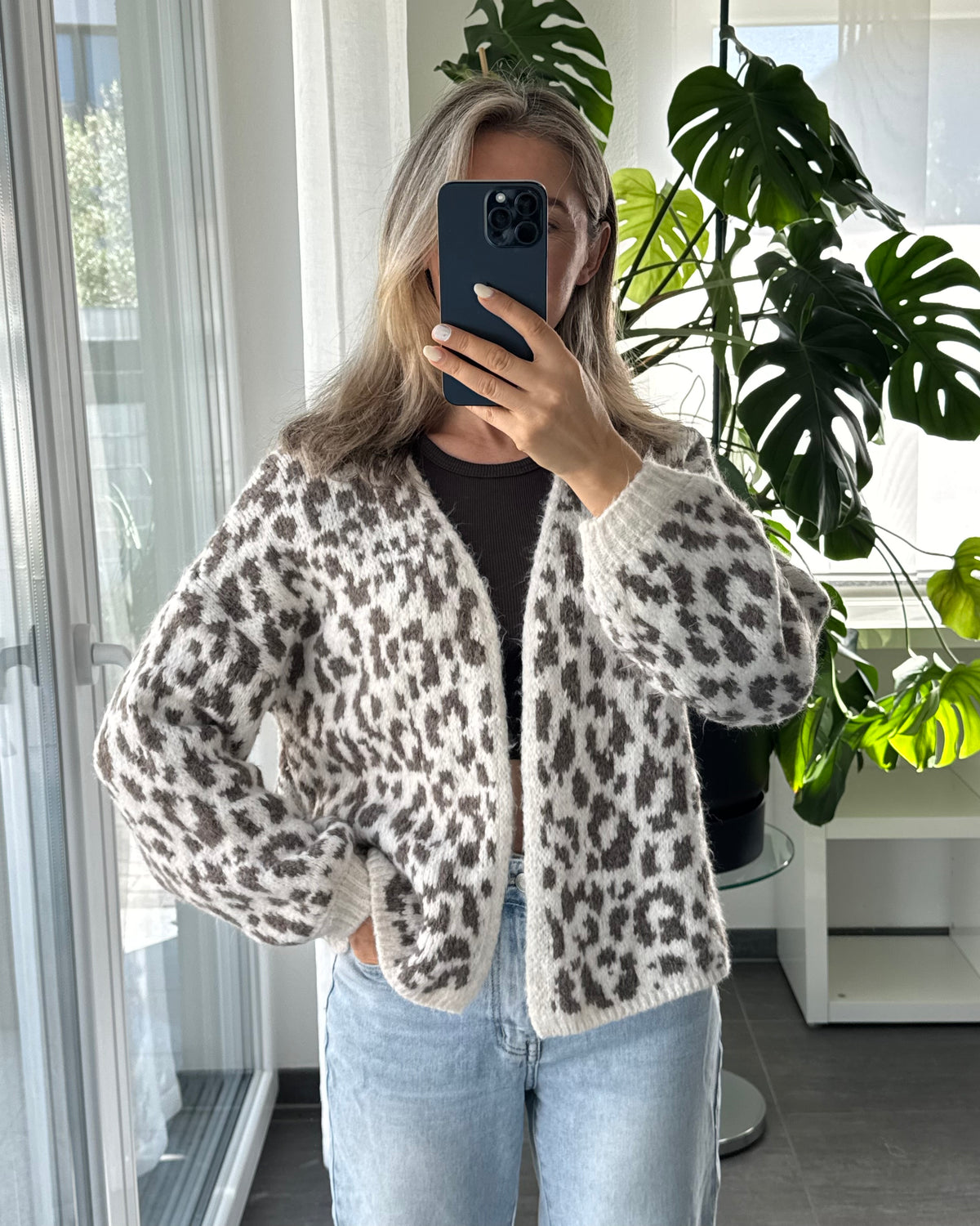 Offener Cardigan mit Leoprint Beige Taupe
