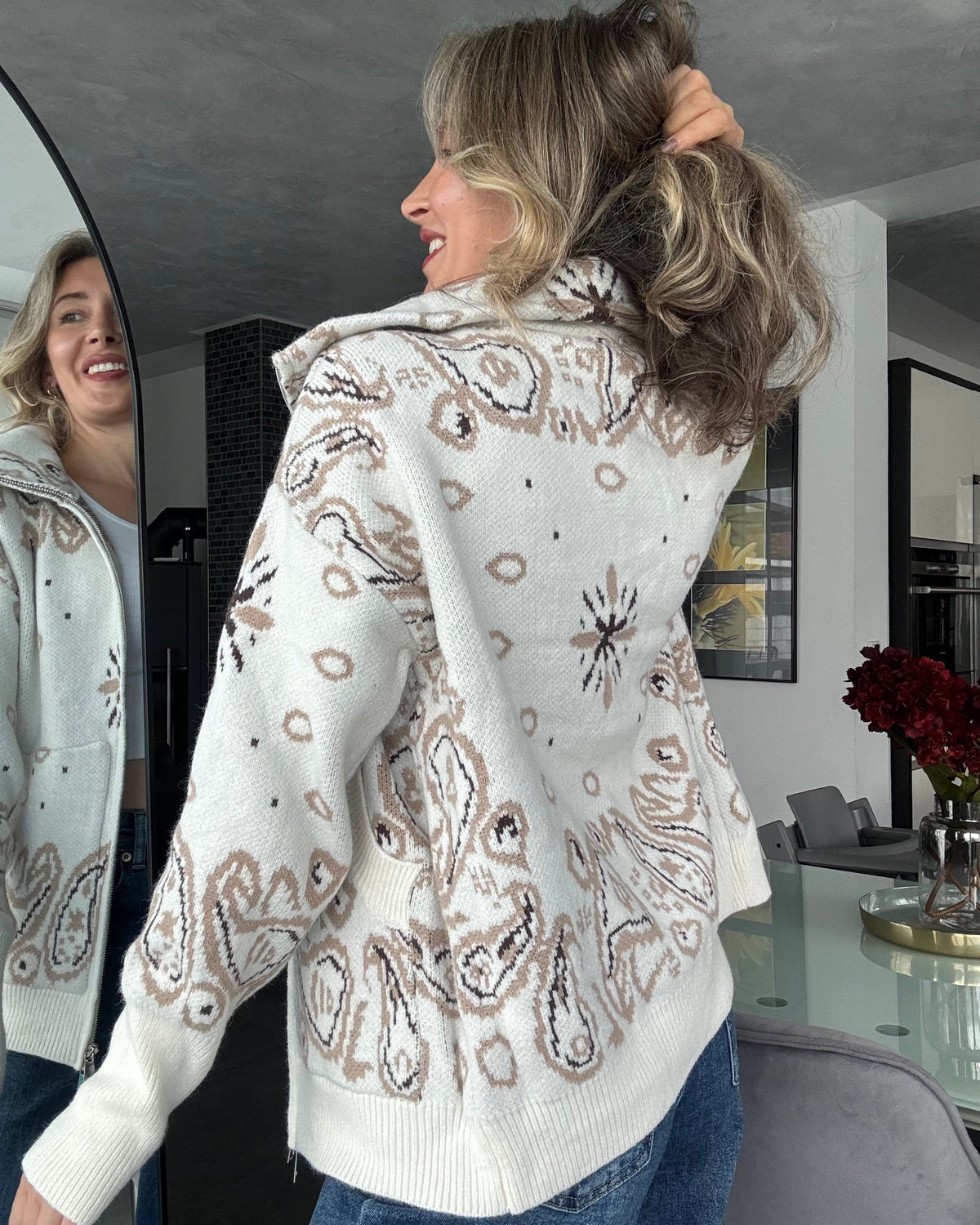 Zip Cardigan Paisley Beige