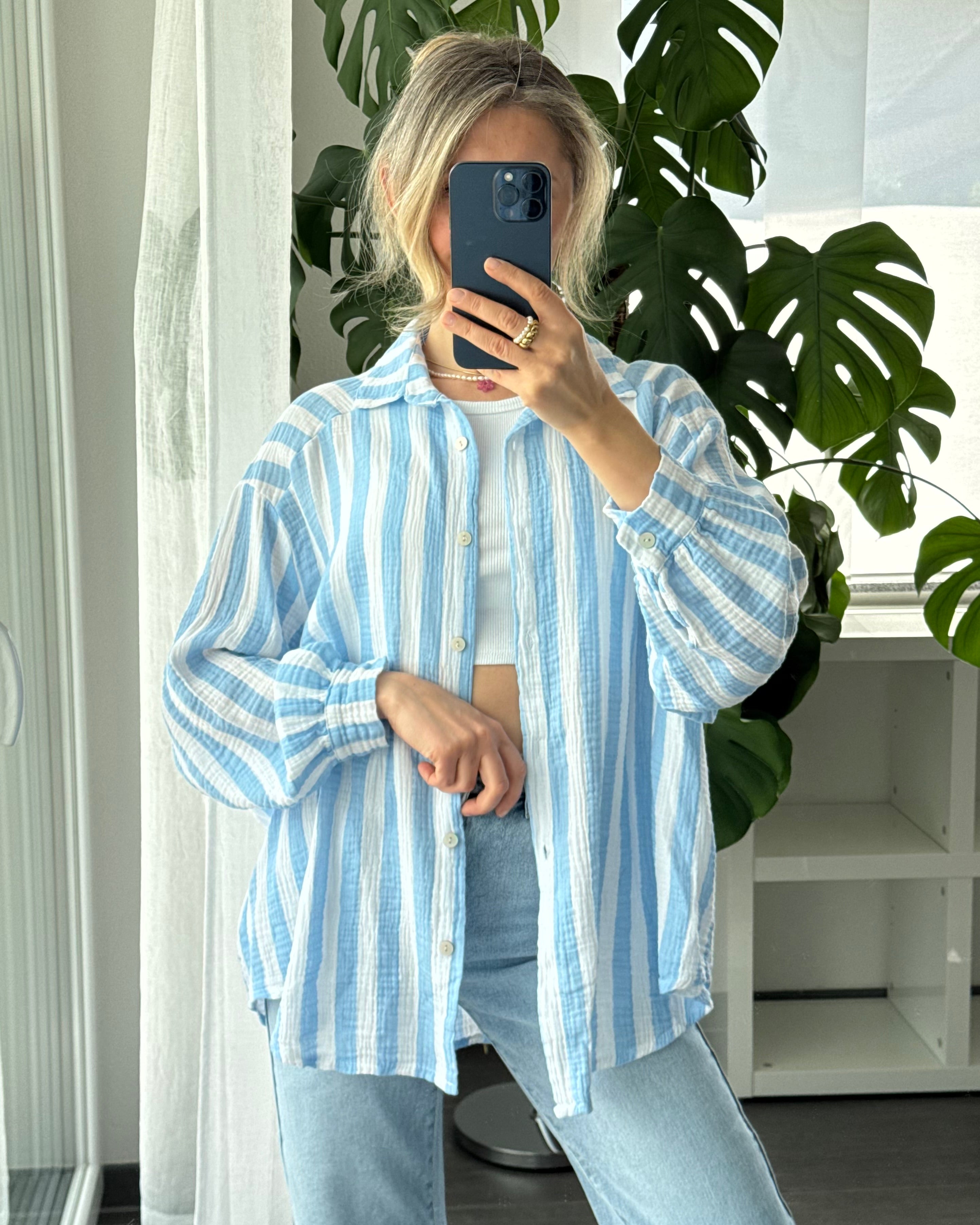 Musselinbluse Bold Stripes Hellblau