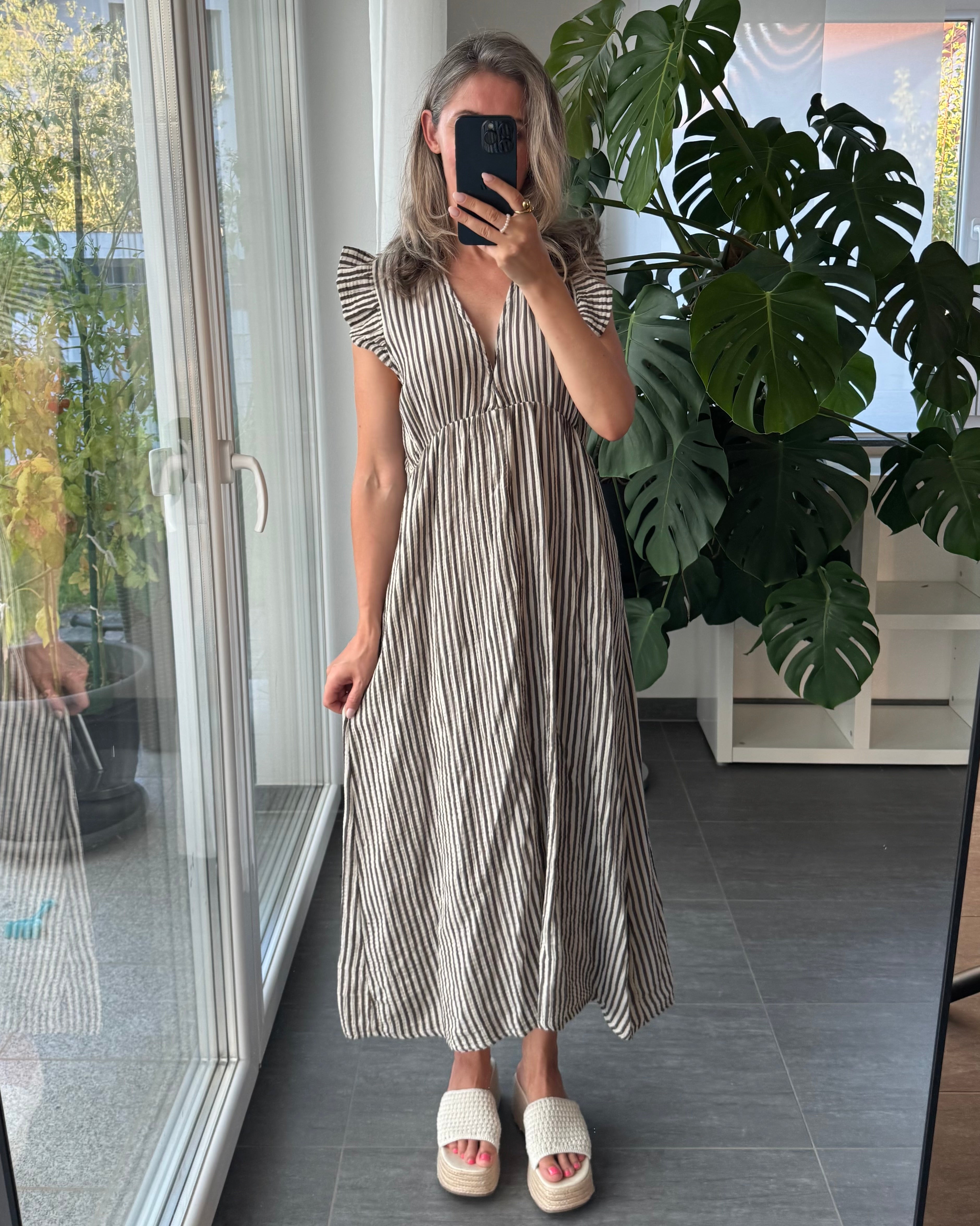 Maxi Musselinkleid Stripes Braun