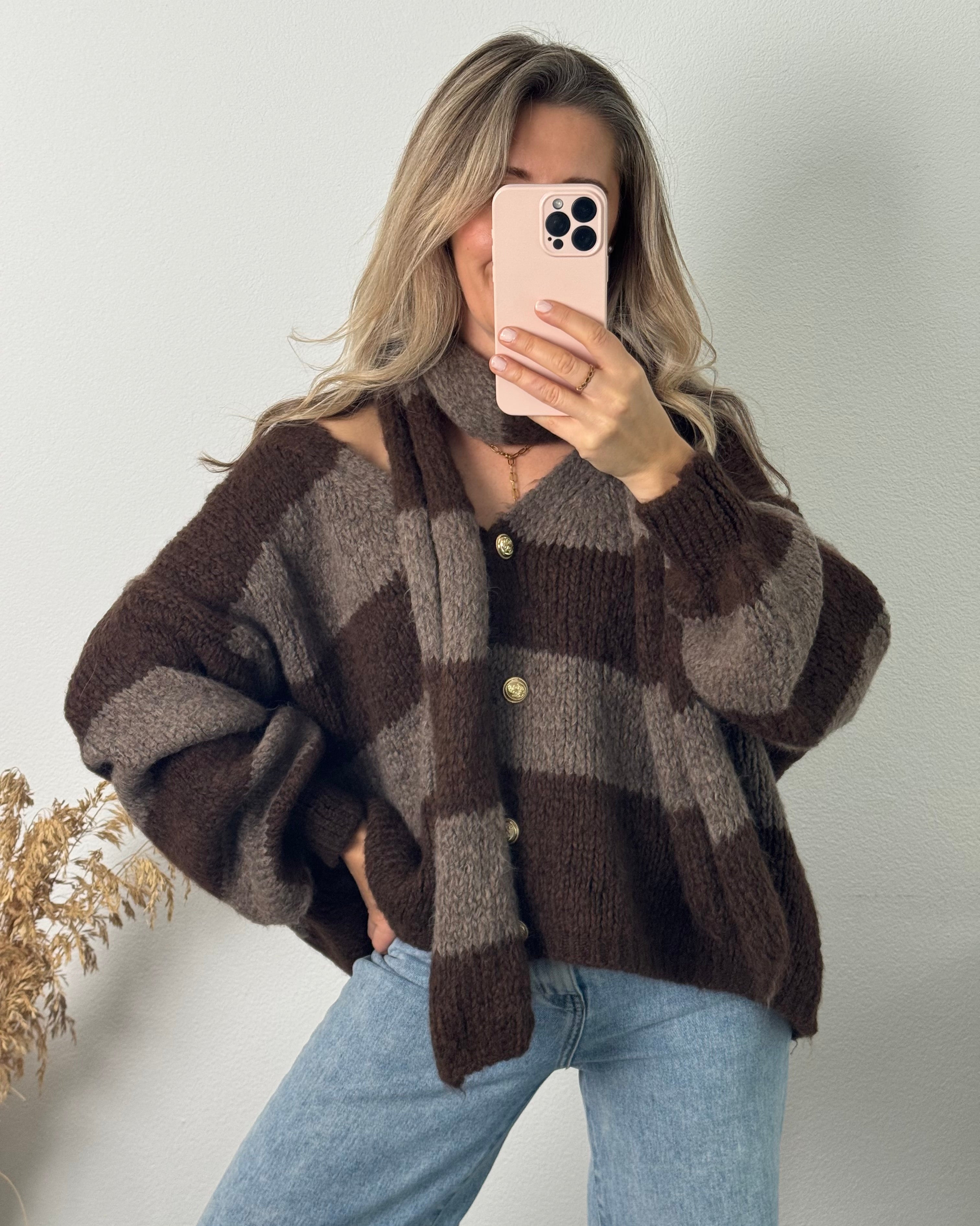 Kuscheliger Cardigan mit Schal Braun / Taupe