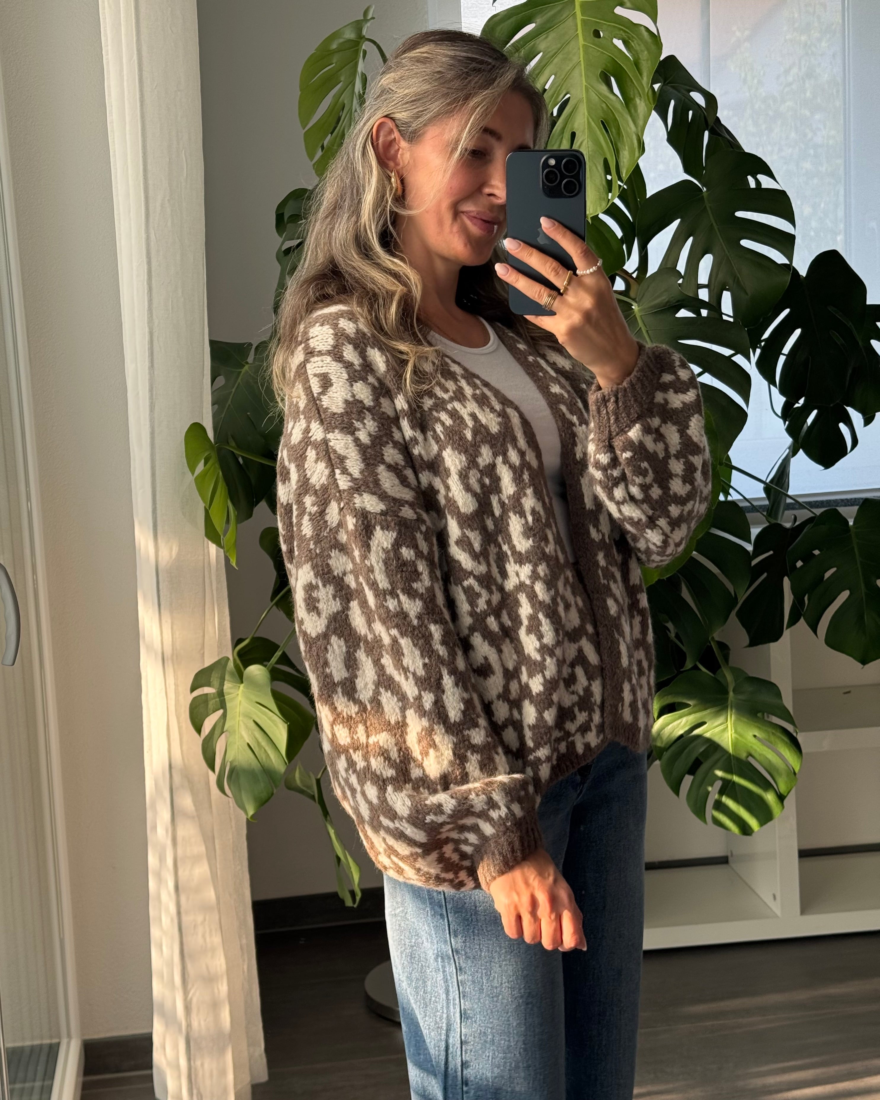 Offener Cardigan mit Leoprint Taupe